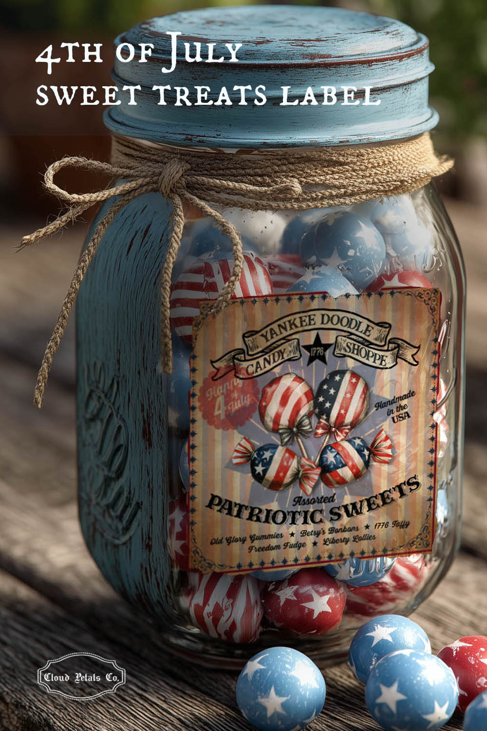 Jar of patriotic candies with a label on a wooden surface