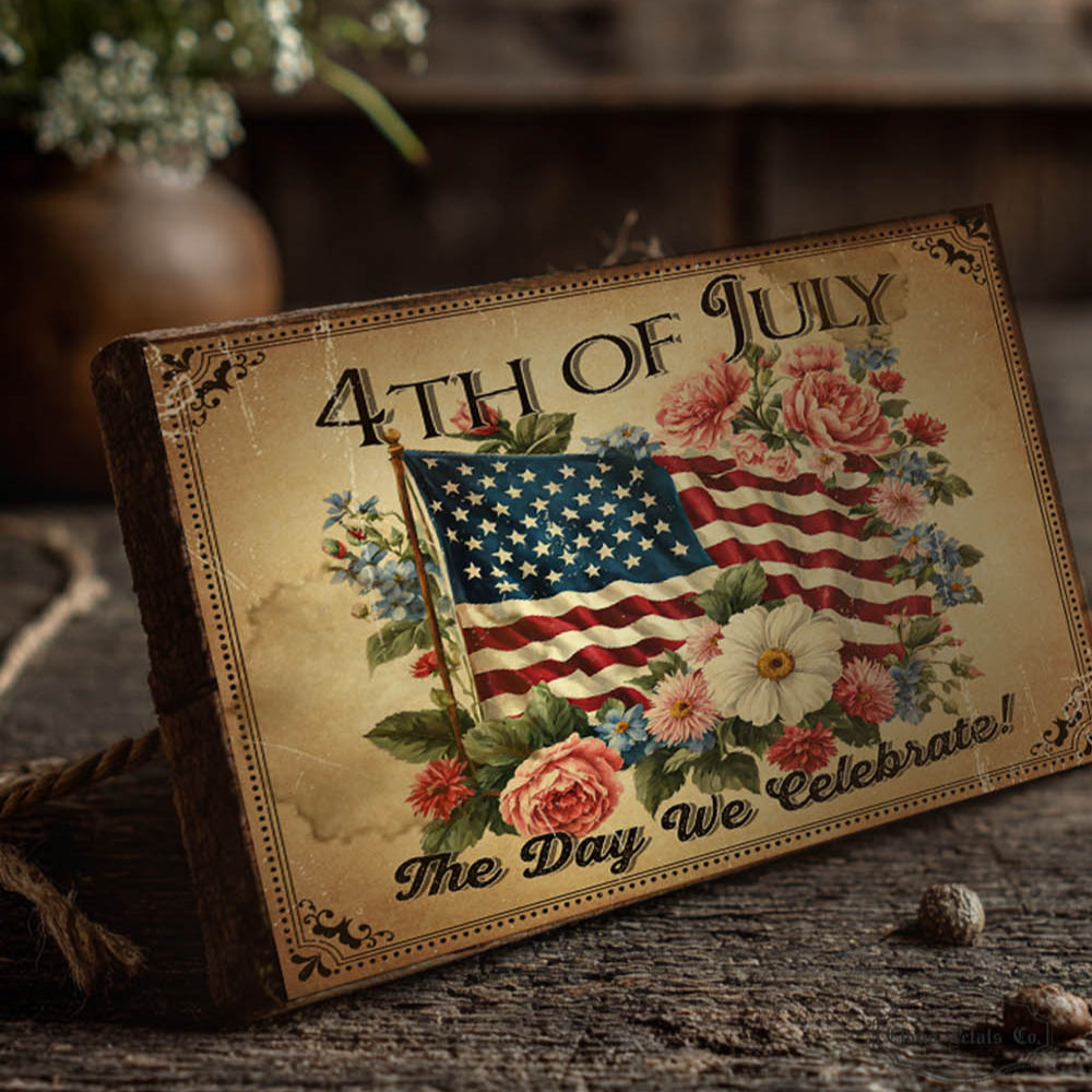 Decorative sign with American flag and flowers on a rustic background