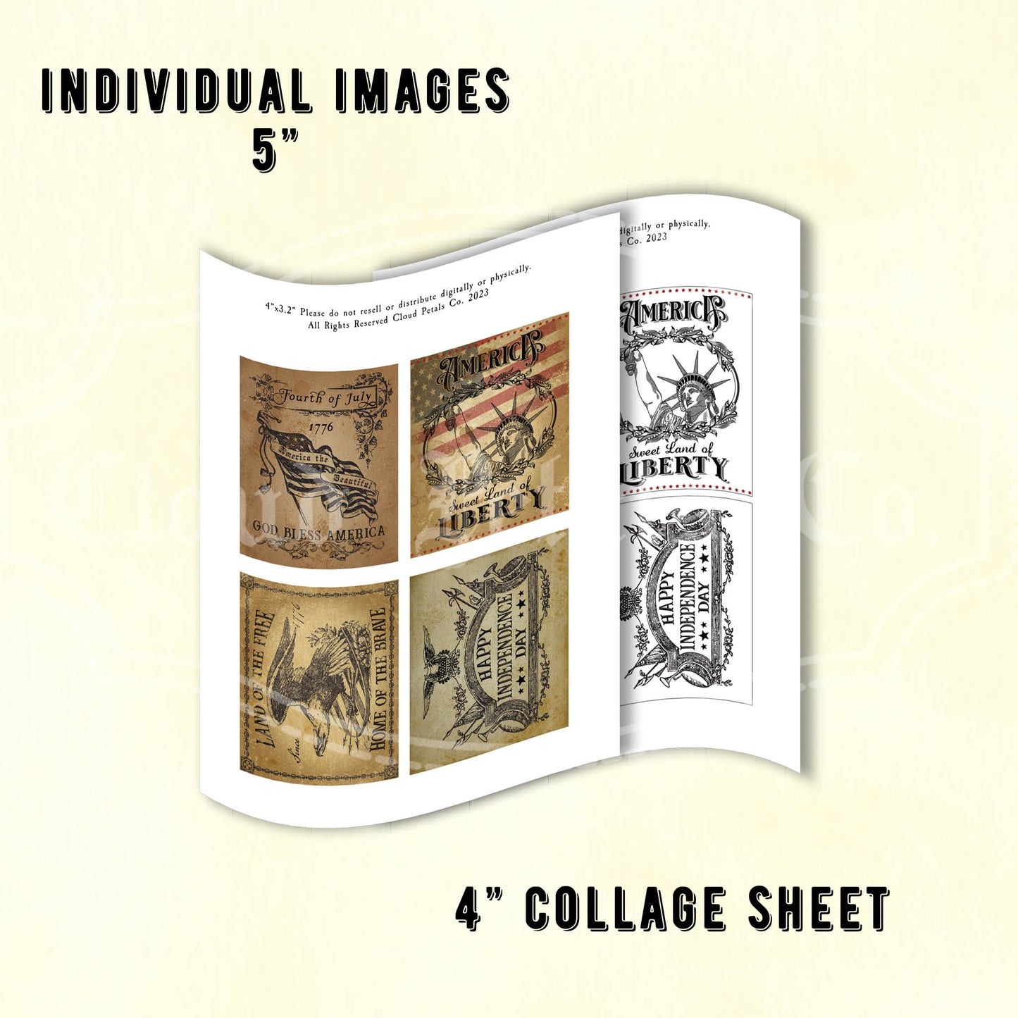 Collage sheet with vintage-style labels on a beige background