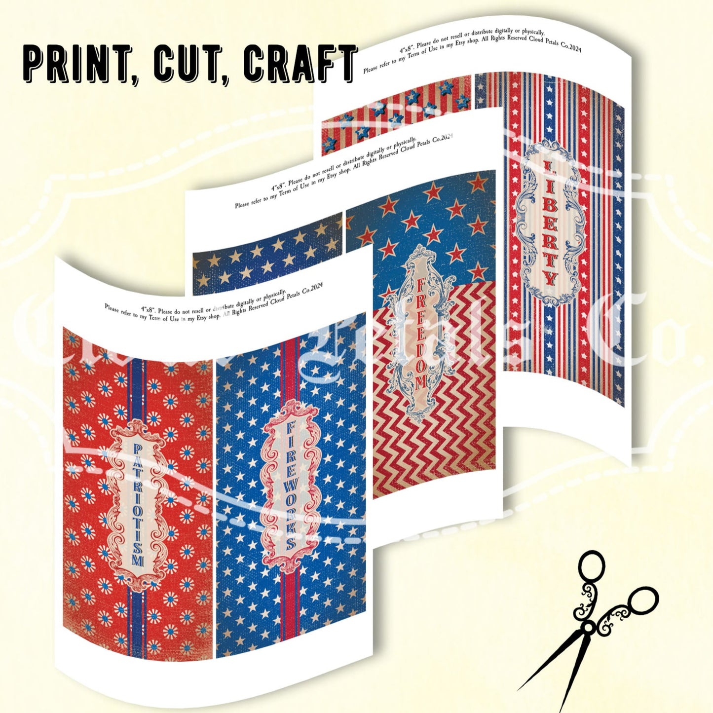 Vintage-style 4th of July long labels with patriotic patterns on a beige background.