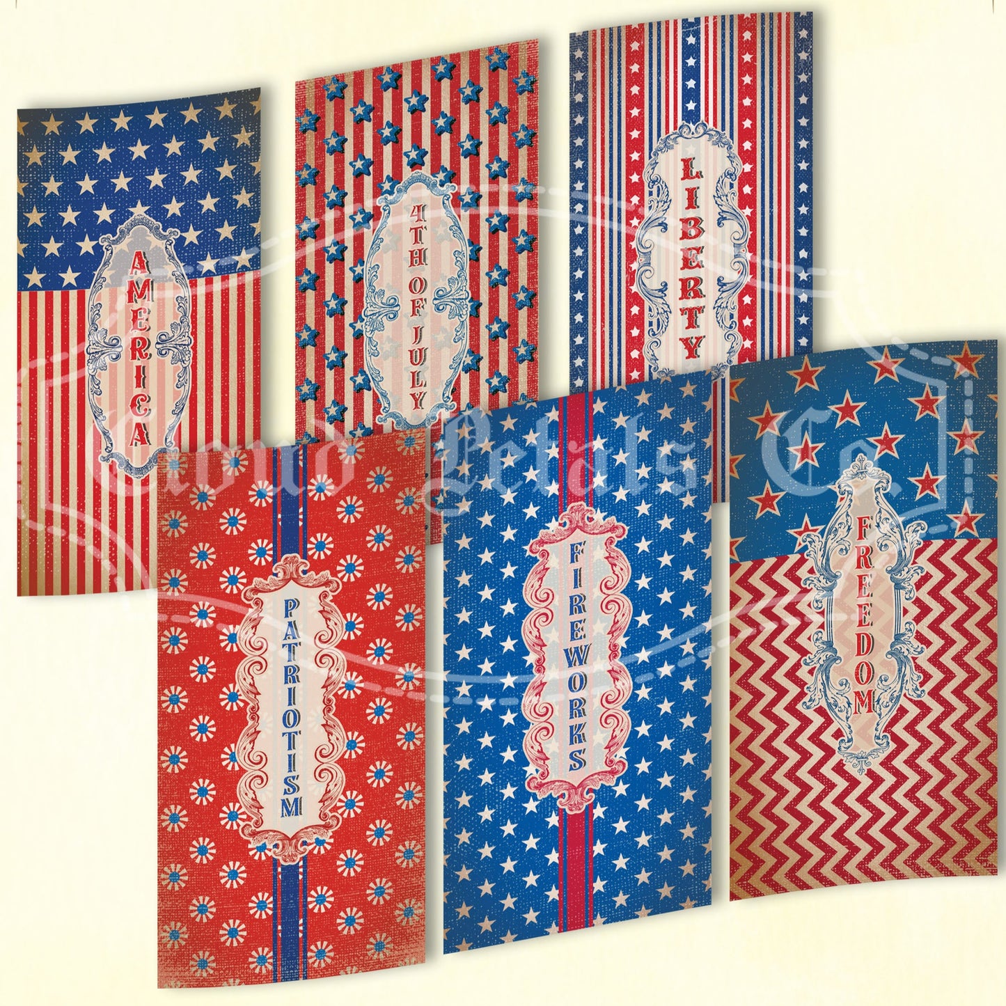 Vintage-style 4th of July long labels with patriotic designs on a beige background.