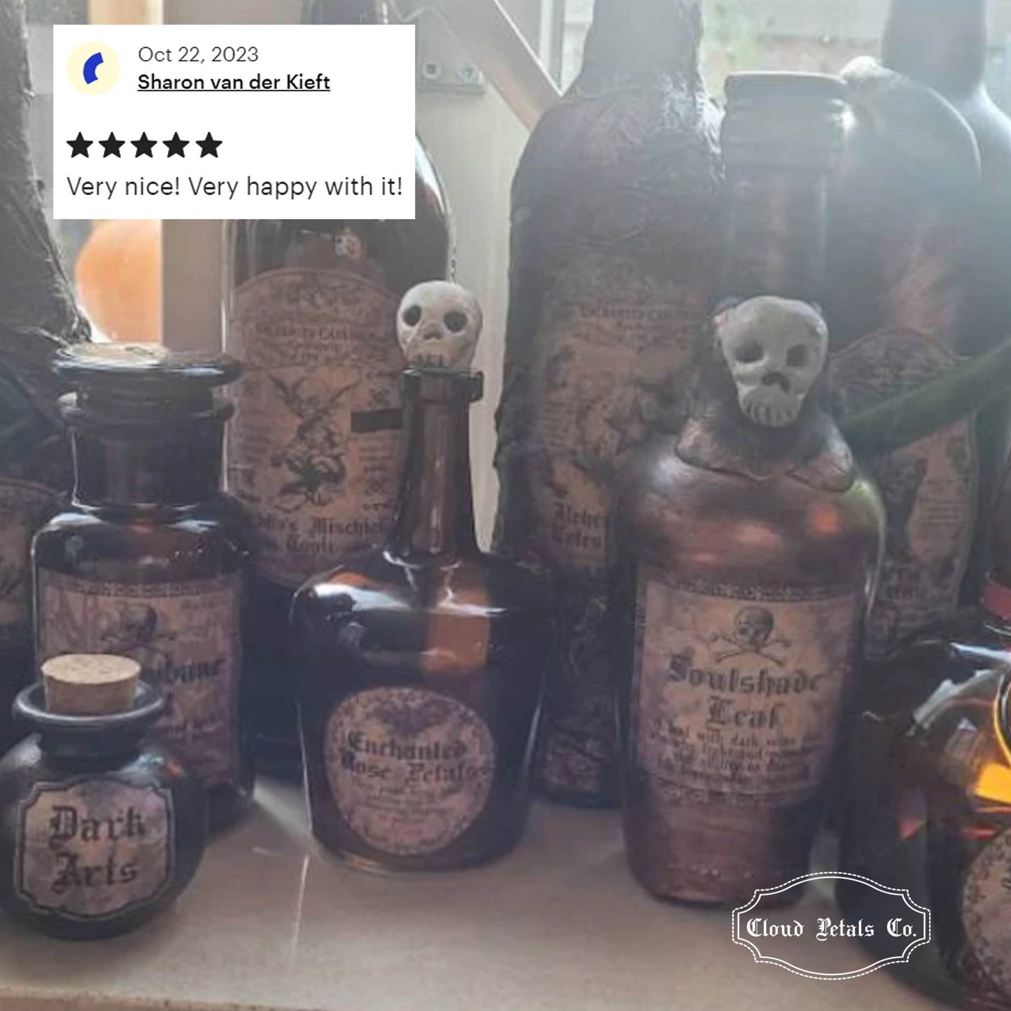 A variety of potion labels on glass bottles for Halloween