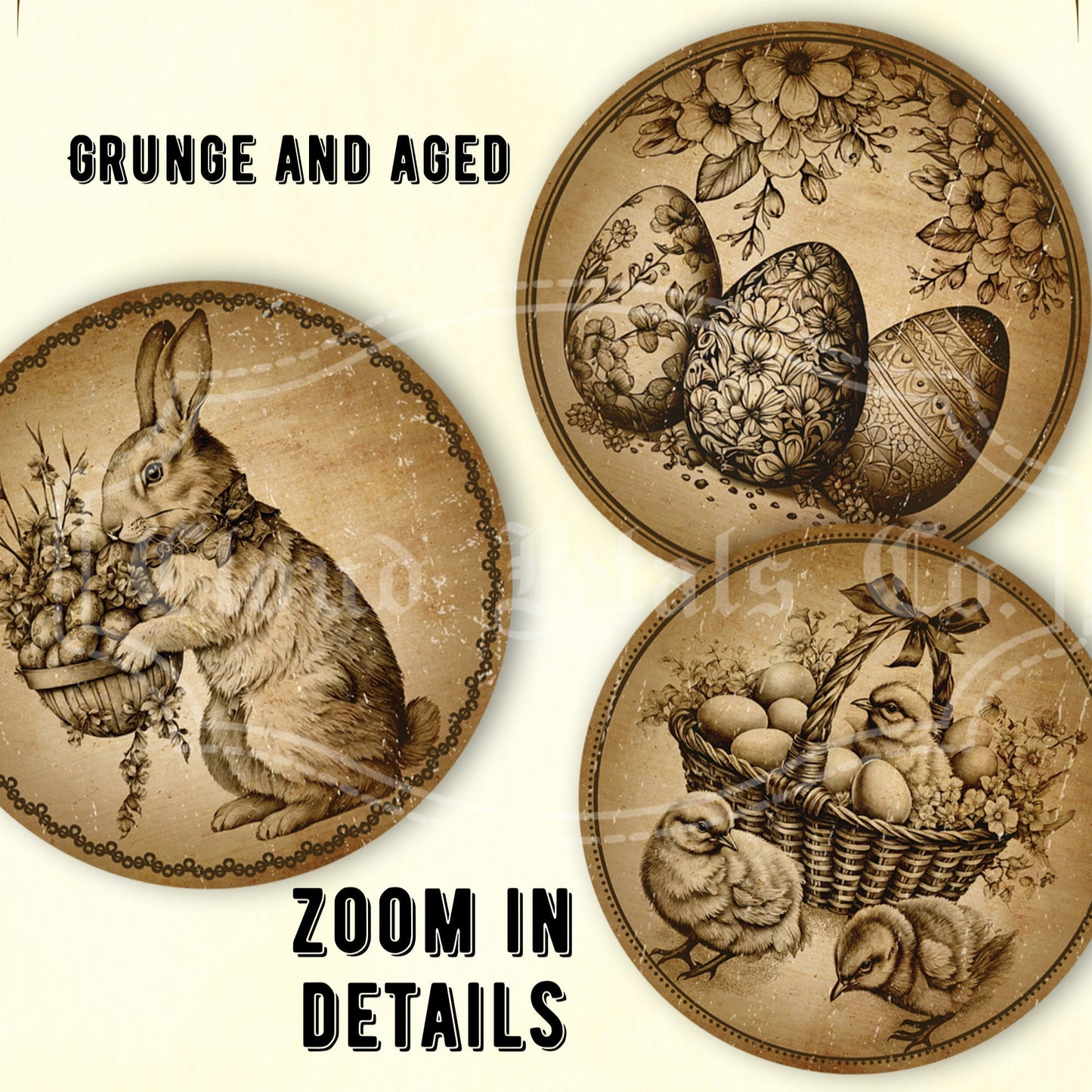 Vintage-style Easter round tags with rabbit, eggs, and chick illustrations on a beige background.
