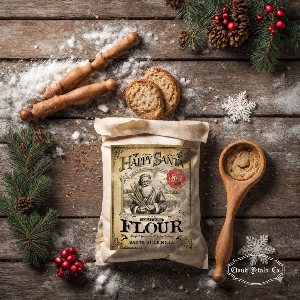 Bag of Happy Santa Flour on a wooden table with holiday decorations