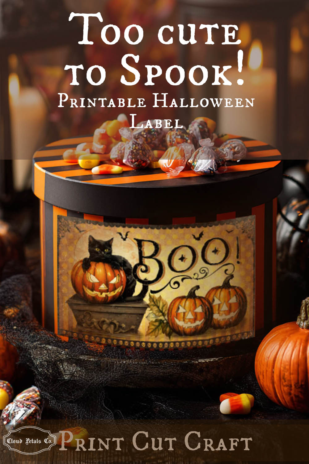 Halloween-themed container with a label featuring pumpkins and text, surrounded by pumpkins and candy.