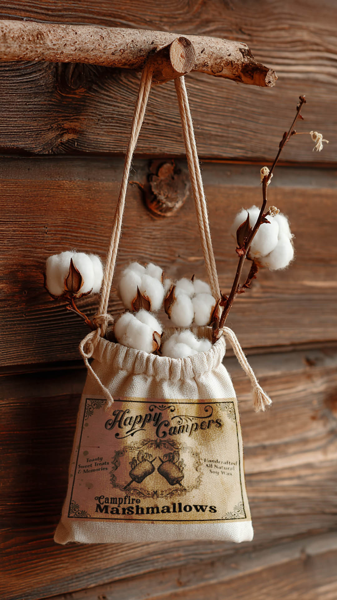 Decorative bag with cotton and campfire marshmallows label on a wooden background