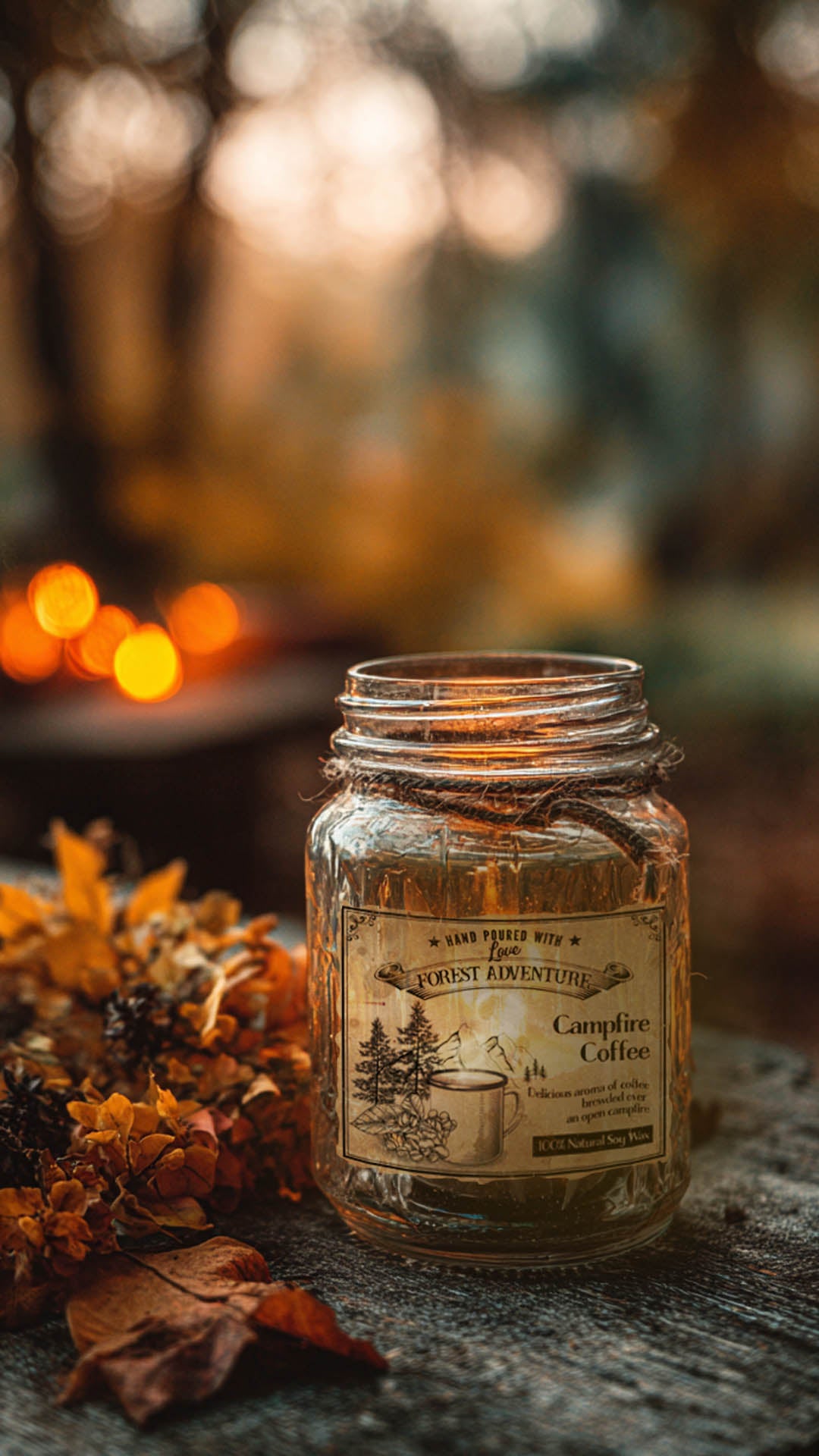 Jar of Campfire Coffee with a label on a wooden surface with blurred autumn background