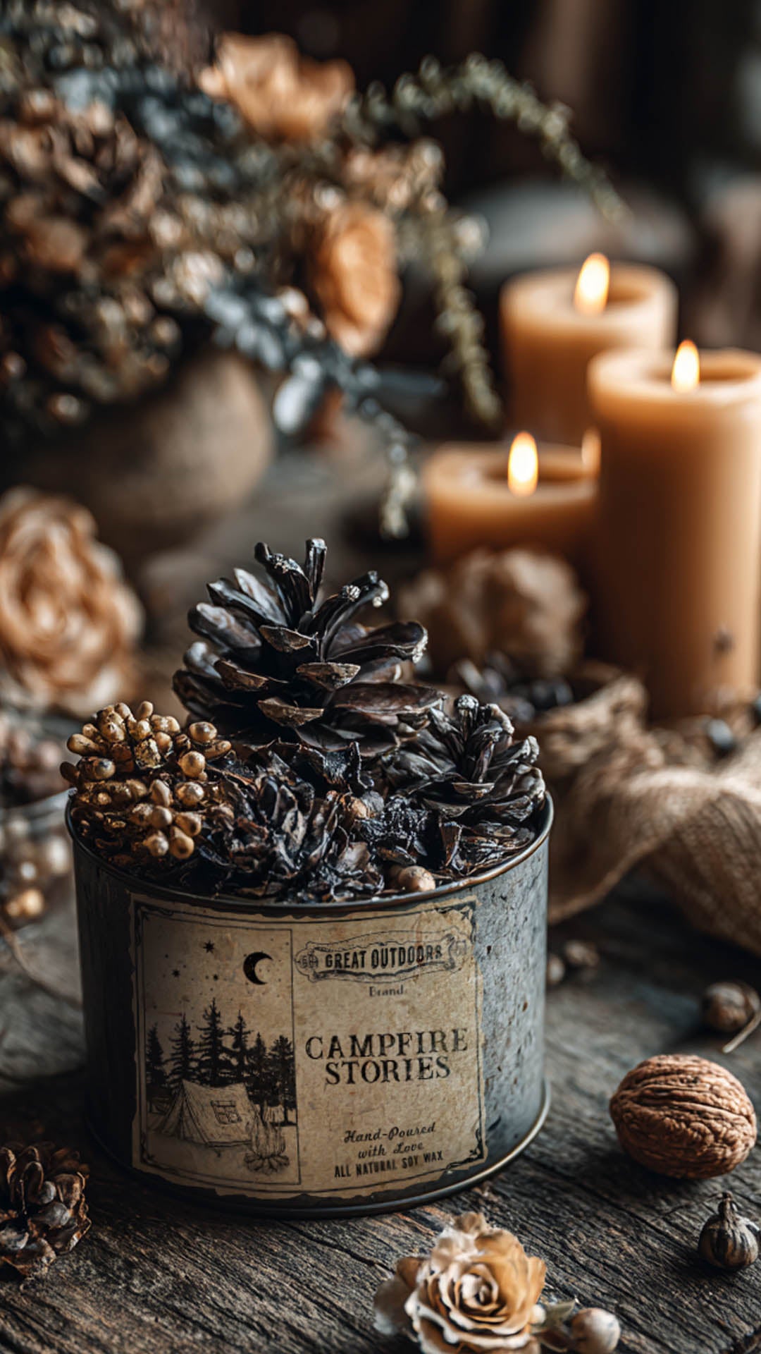 Decorative arrangement with candles, pinecones, and a tin labeled 'Campfire Stories' on a wooden surface.