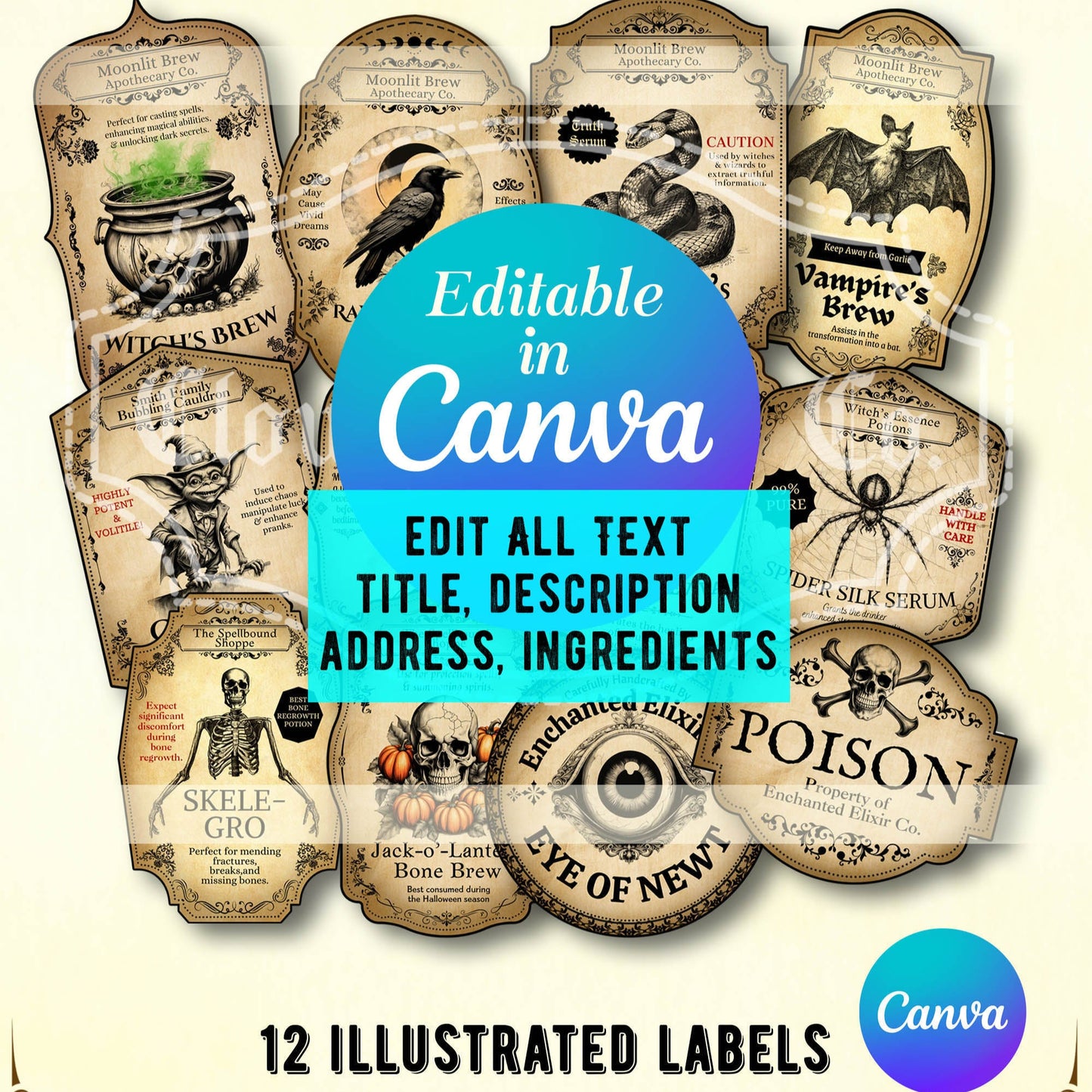 Vintage-style Halloween editable labels in Canva with decorative text and illustrations.