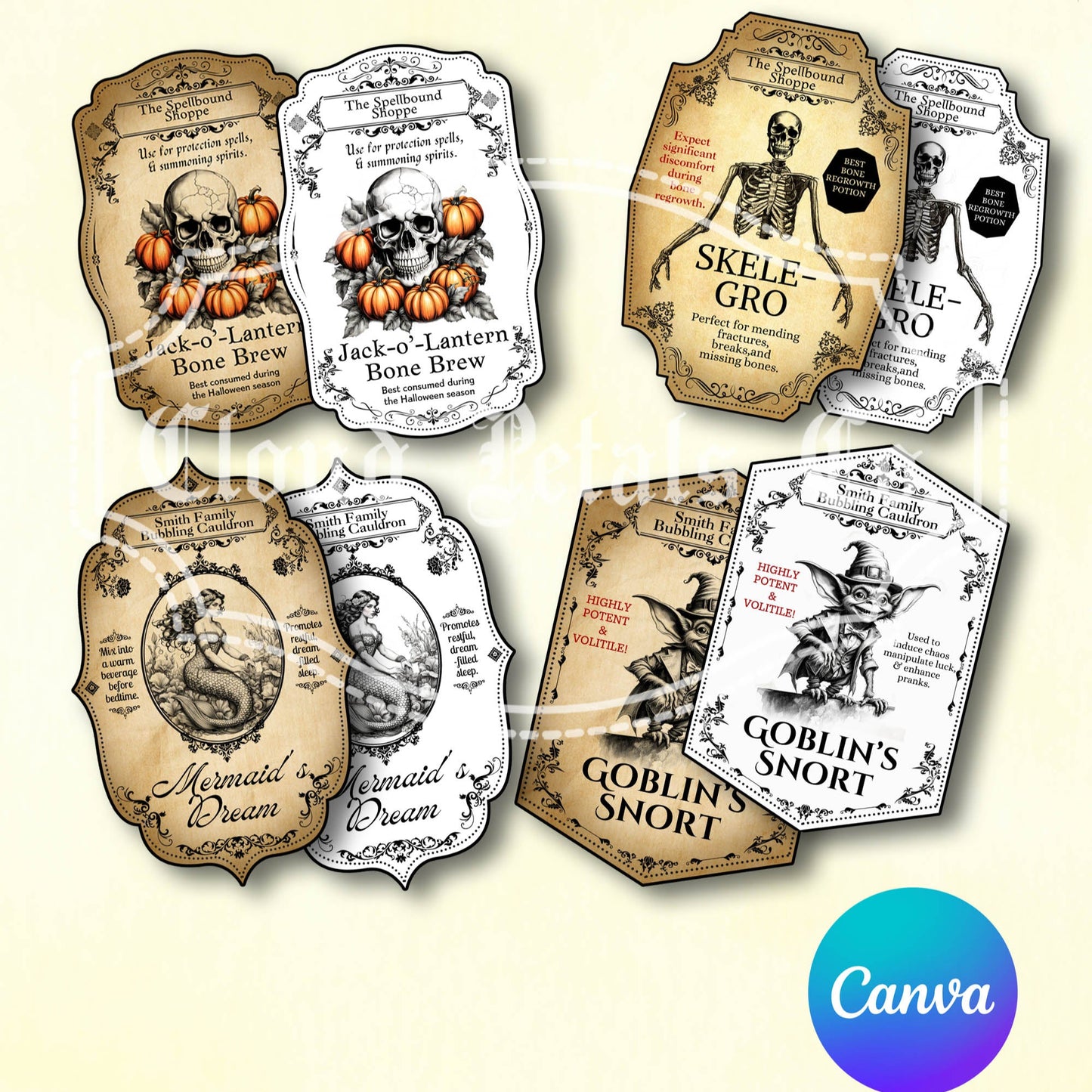 Vintage-style Halloween labels with editable options in Canva on a beige background.