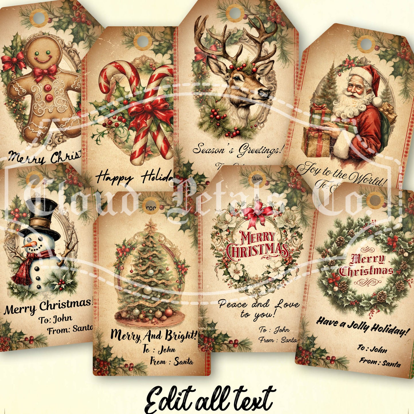 Vintage-style Christmas tags with editable text on a white background