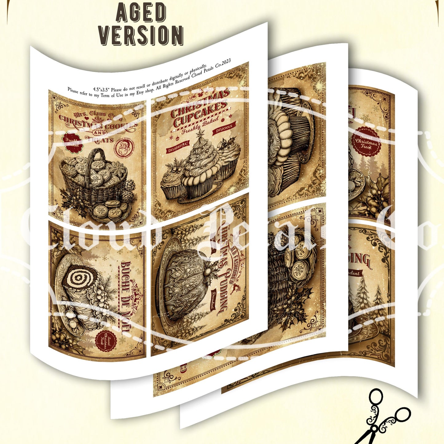 Vintage-style Christmas labels with an aged effect, displayed on a white background.