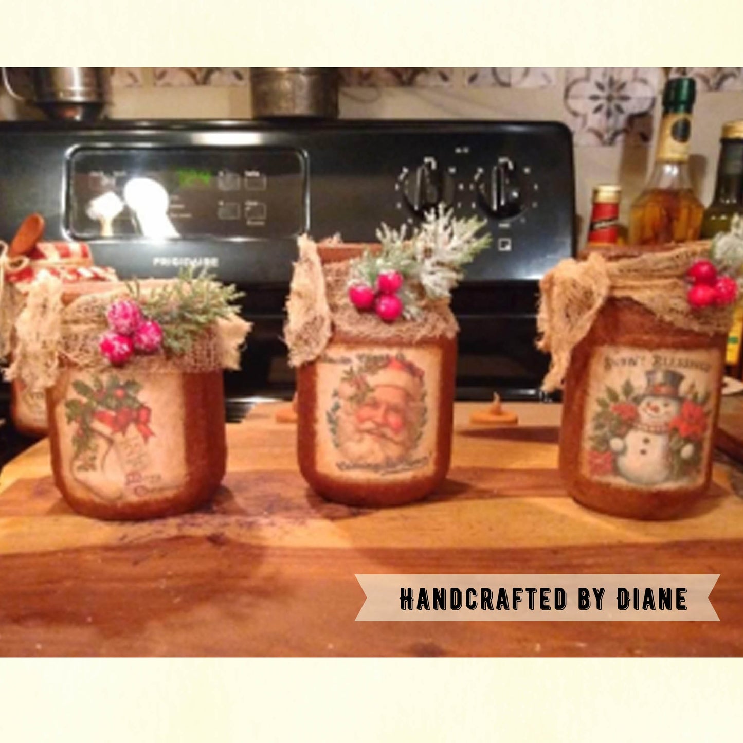 Decorative jars with holiday-themed labels on a wooden surface.
