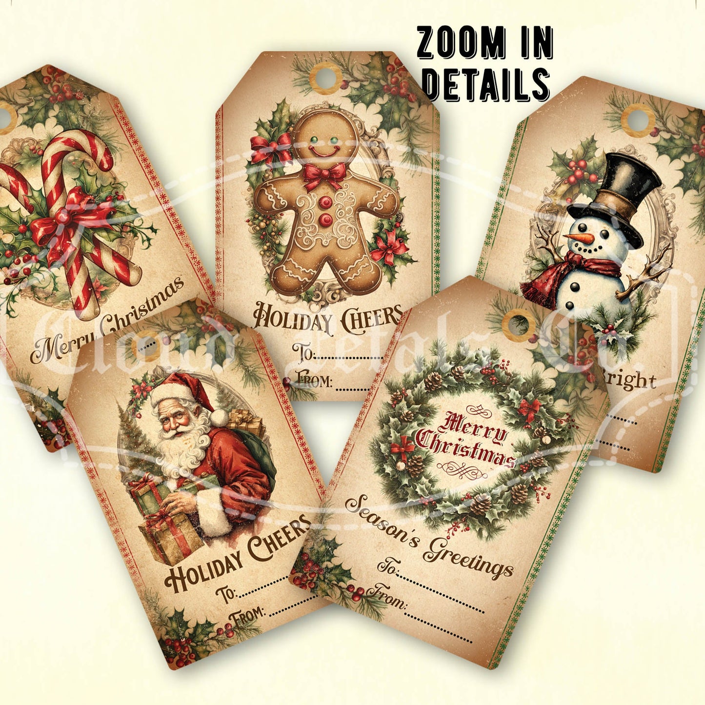 Vintage-style Christmas gift tags with Santa, gingerbread man, snowman, and wreath designs on a beige background.