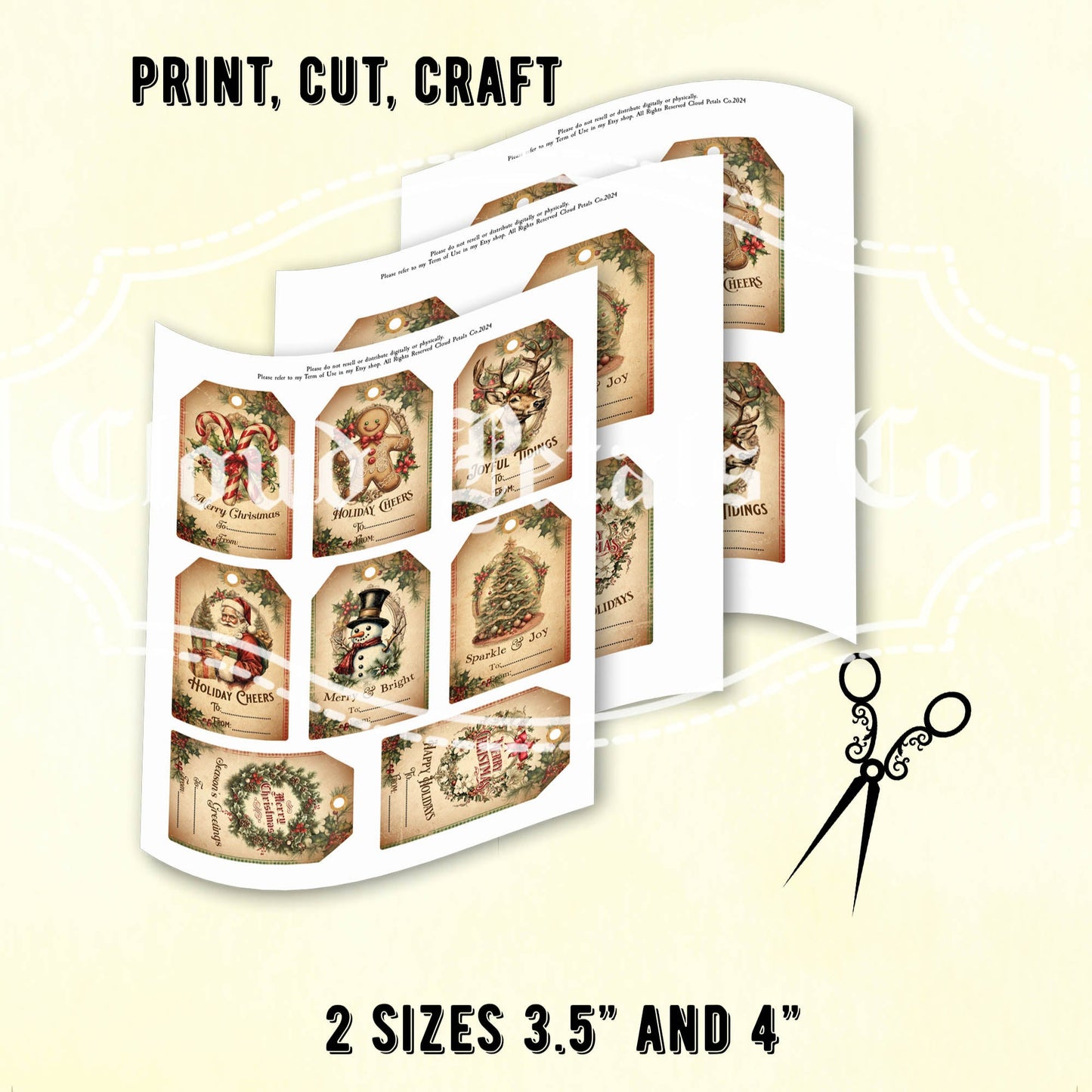 Vintage-style Christmas gift tags with scissors illustration on a beige background