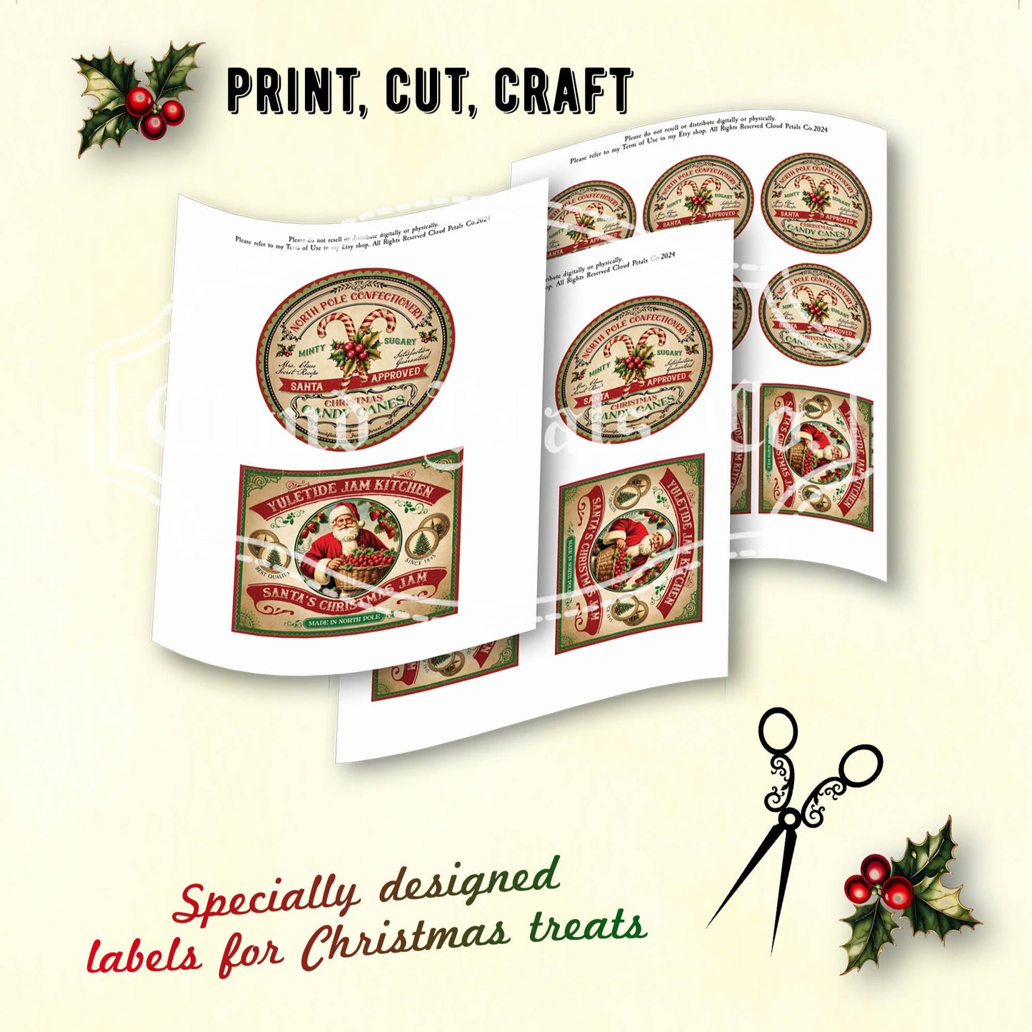 Vintage-style Christmas treat labels with scissors and holly decorations on a beige background.