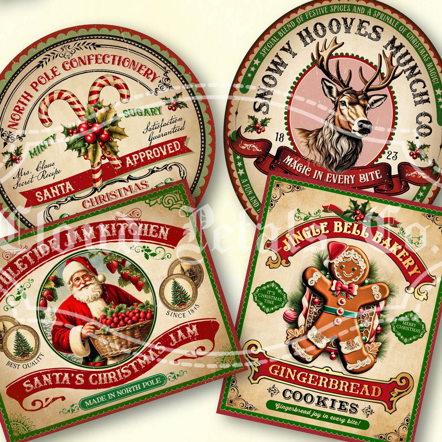 Four Christmas-themed product packaging designs with festive graphics and text.