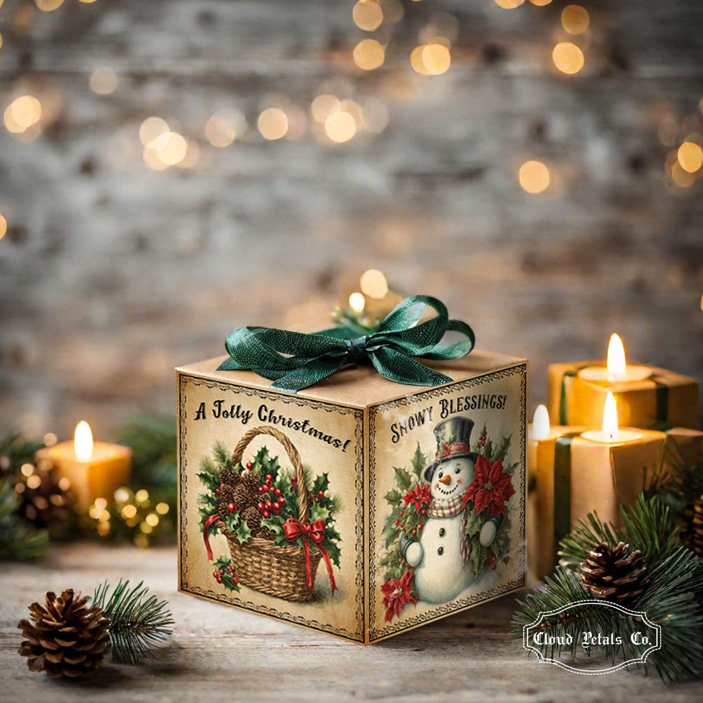 Decorative Christmas box with green ribbon and candles in the background.