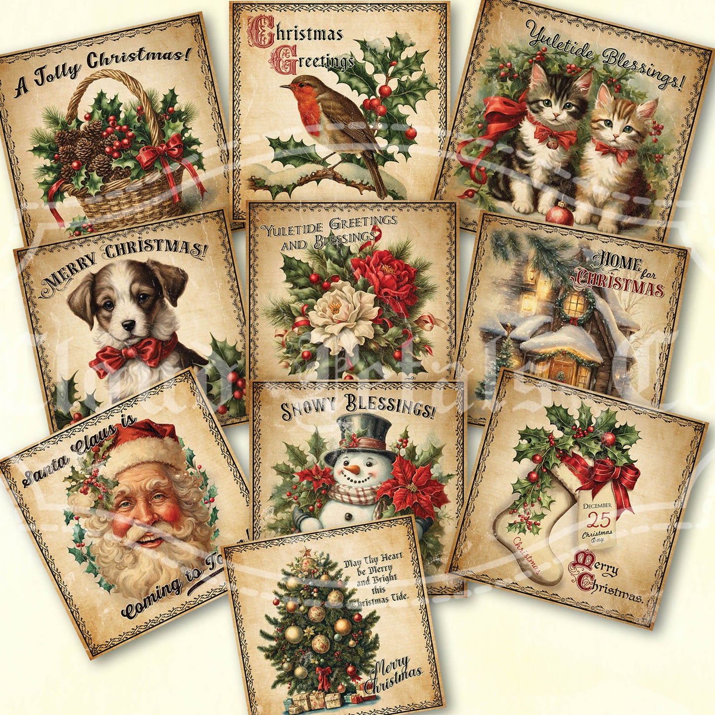 A collection of vintage style Christmas squares with various holiday-themed images including Santa Claus, reindeer, and festive decorations.