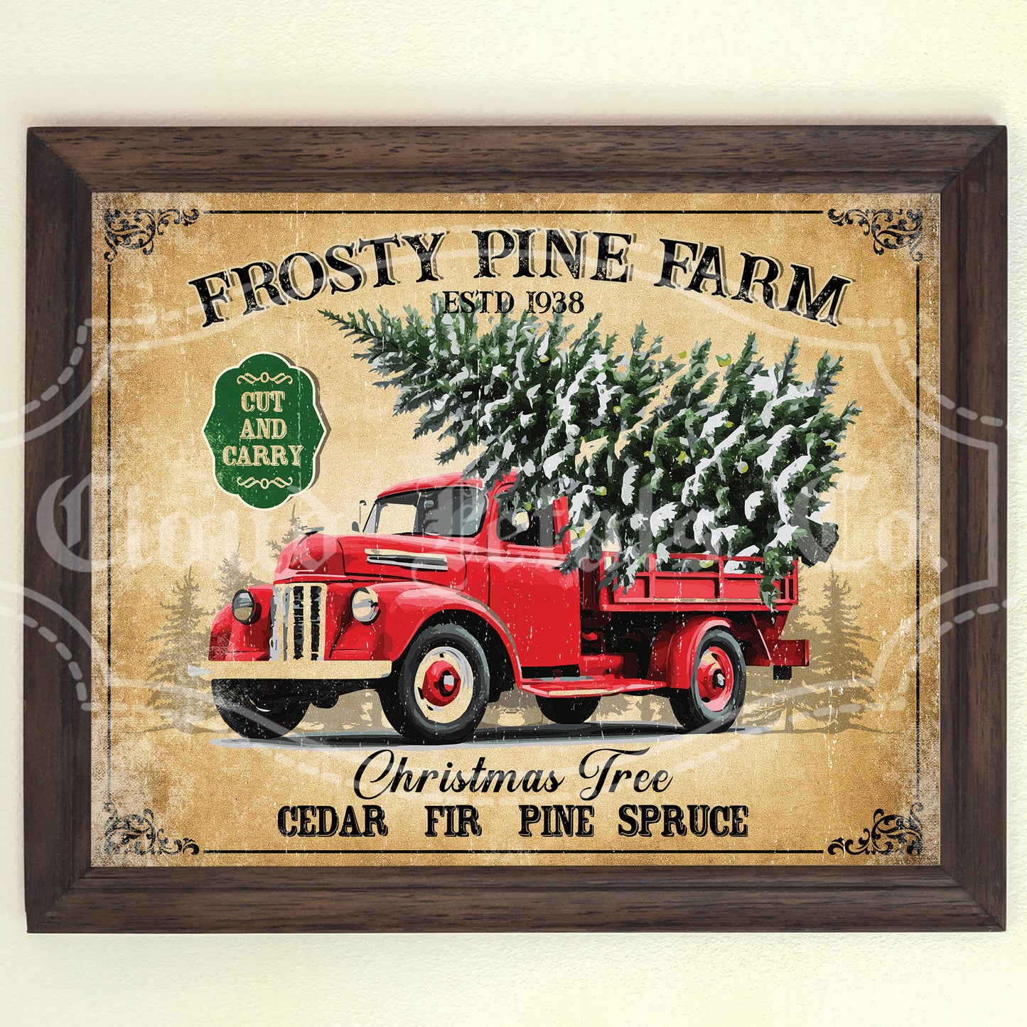 Vintage Christmas Sign Printable – Red Truck & Tree Winter Wall Art PNG