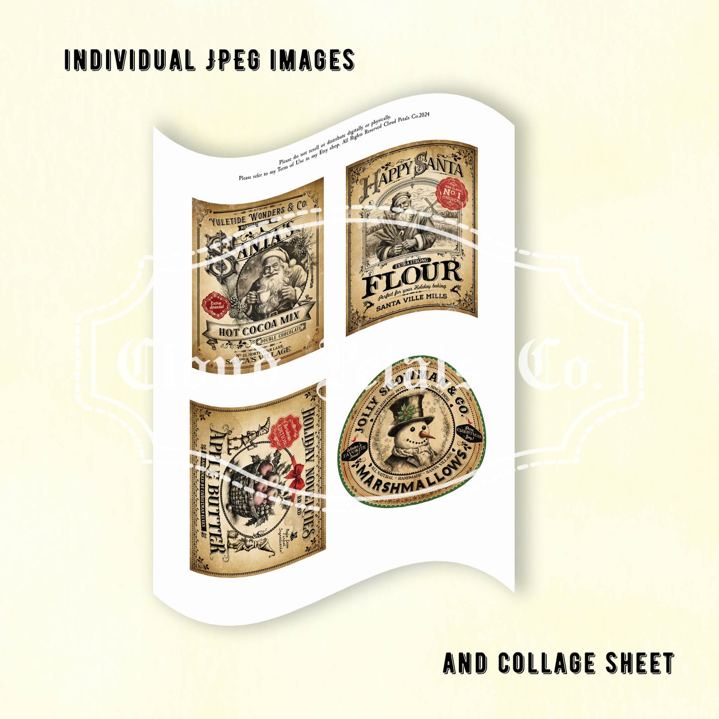 Collage sheet with vintage-style product labels on a light yellow background.