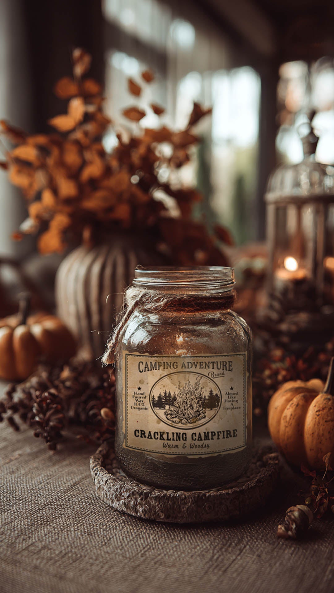 Candle in a mason jar with a label surrounded by autumn decorations