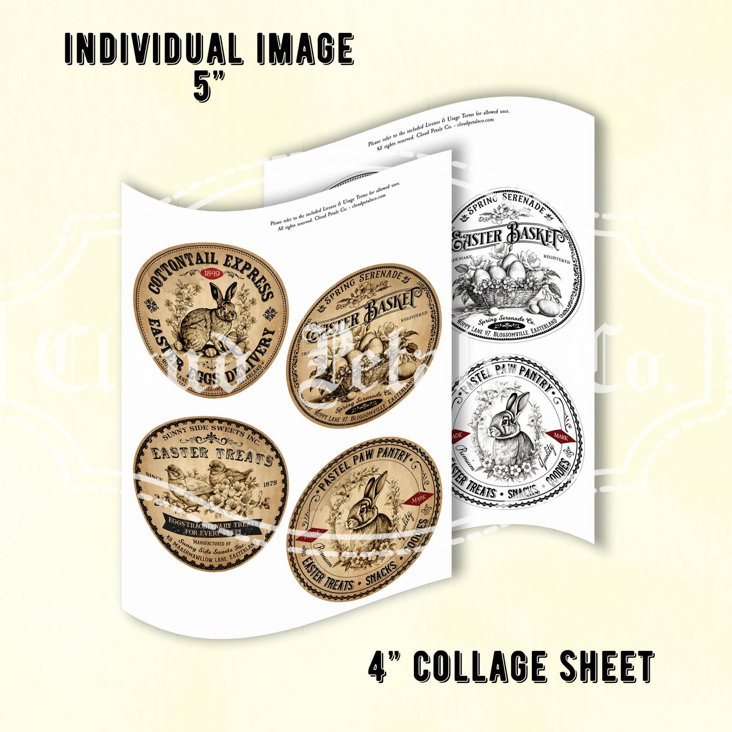 Collage sheet with vintage-style labels featuring animals on a beige background.