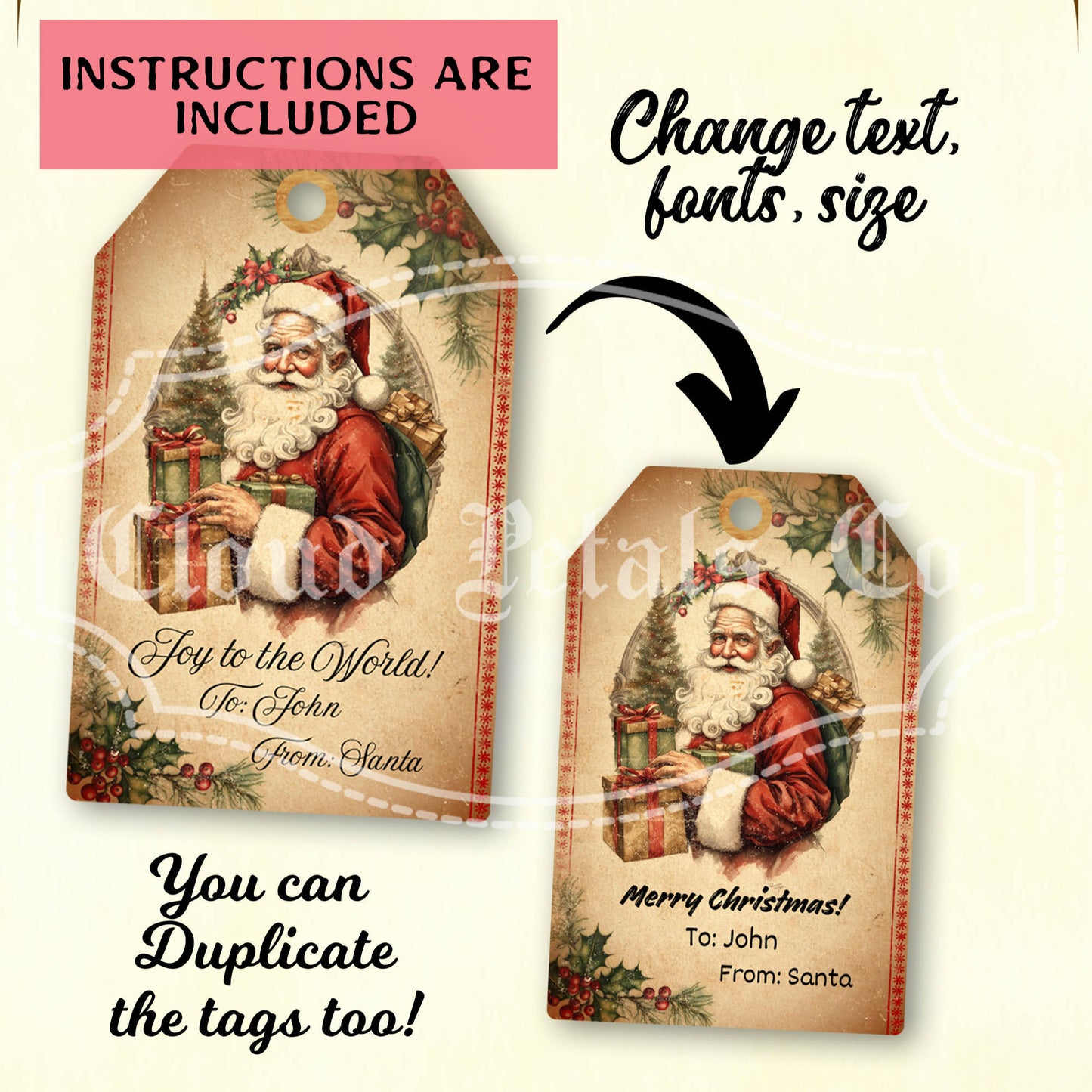Vintage-style Christmas tag with Santa Claus, editable text, and design instructions.