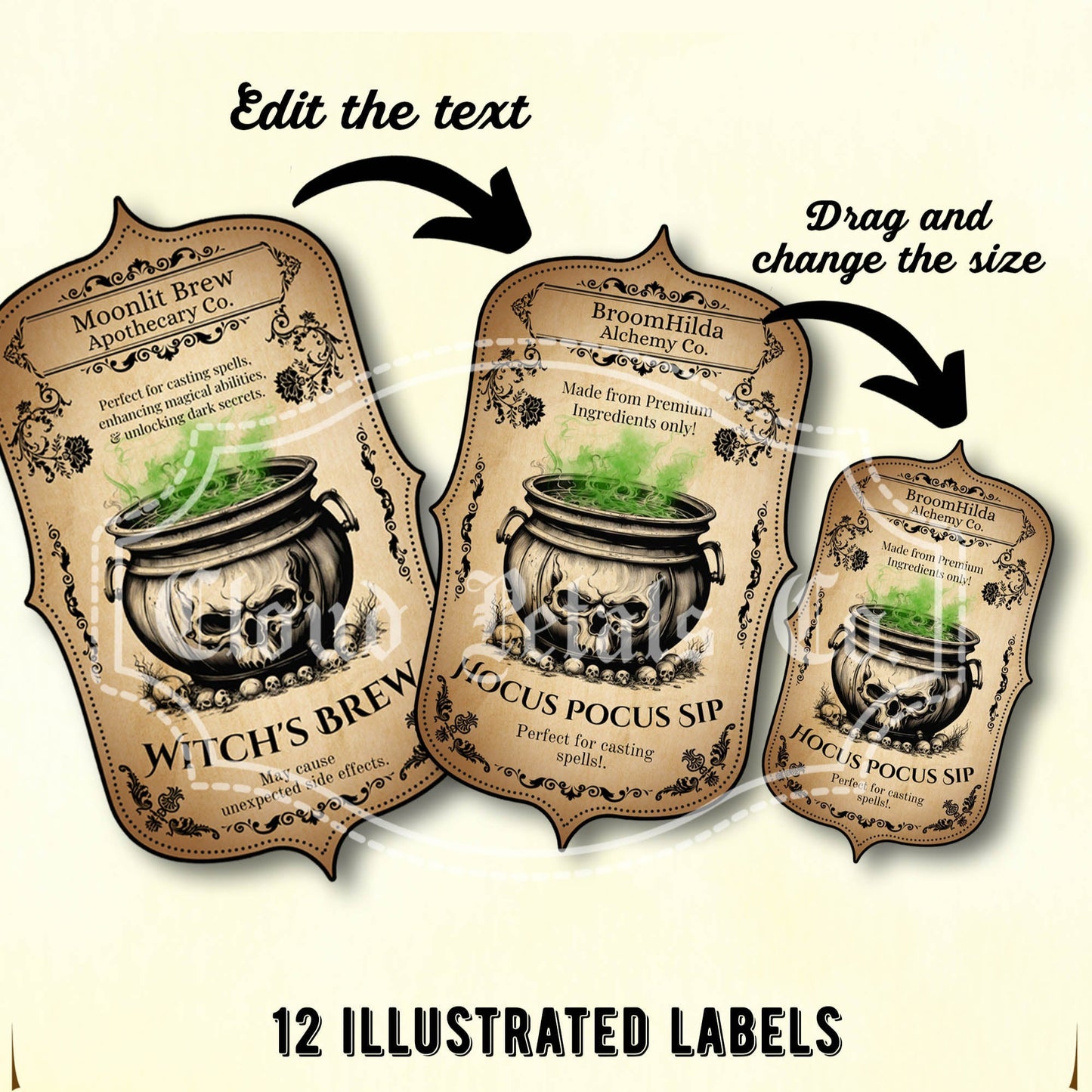 Set of illustrated labels with text editing options on a beige background