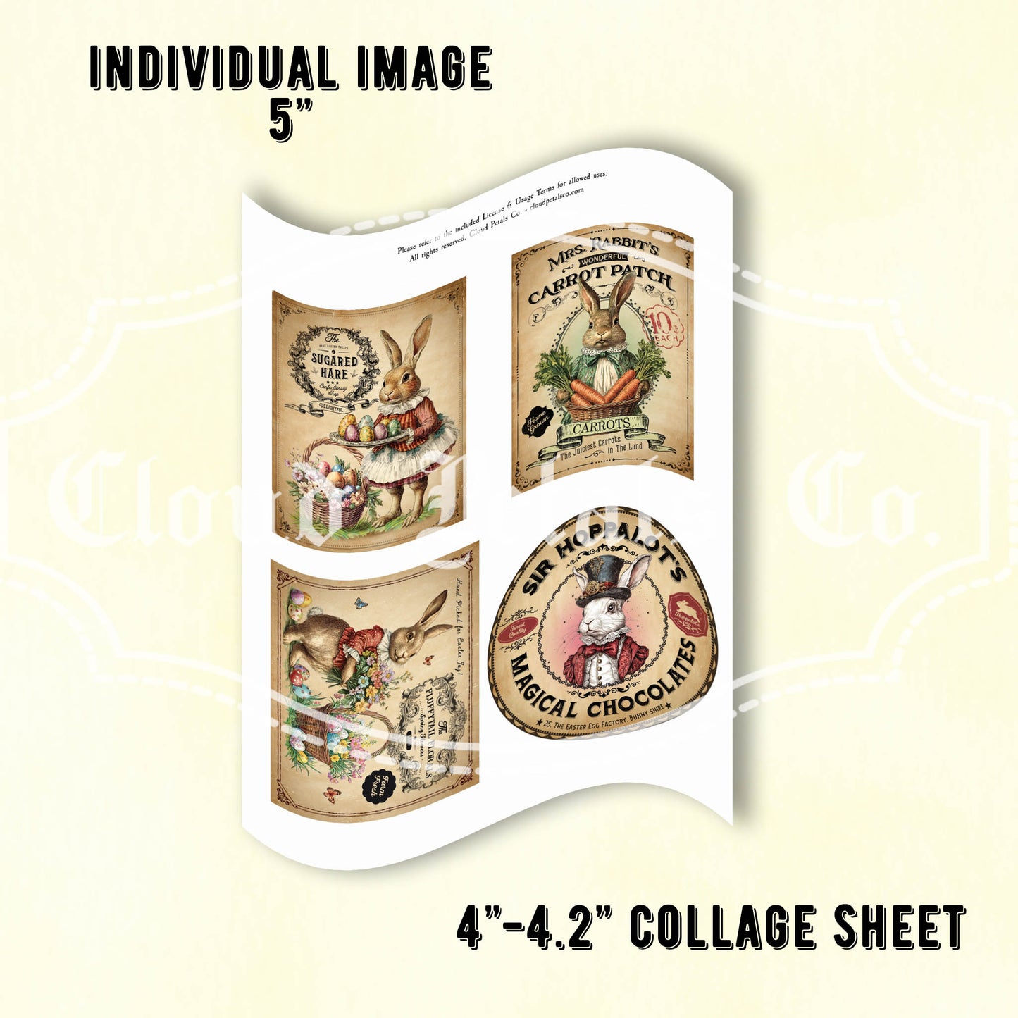 Collage sheet with vintage-style rabbit-themed labels on a beige background