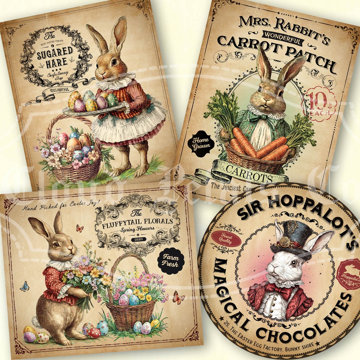 Vintage-style rabbit-themed product labels with illustrations of bunnies and Easter elements.