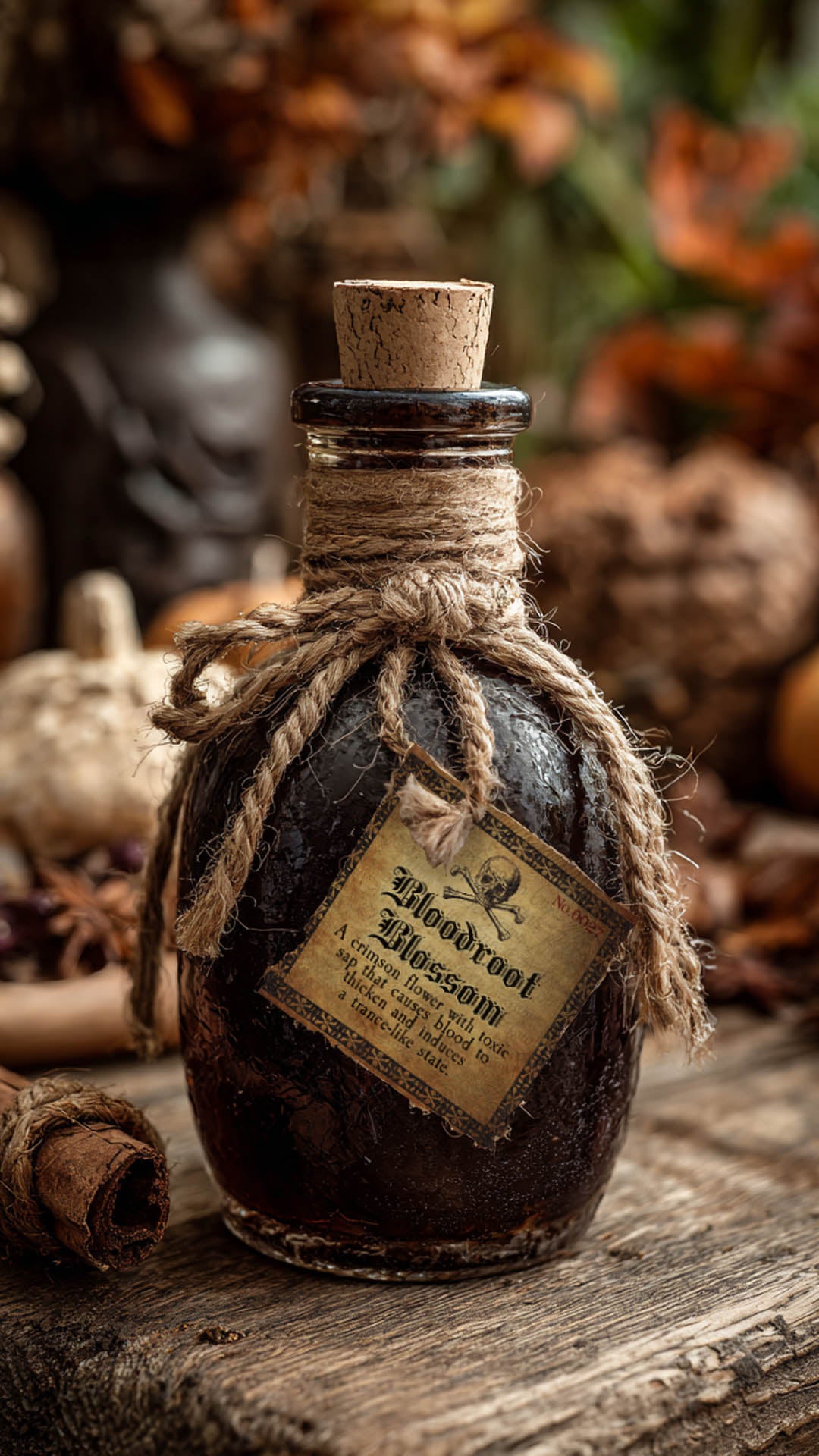 Bottle of Bloodrood Blossom with a cork lid, tied with twine, on a rustic wooden surface with Halloween-themed decorations.
