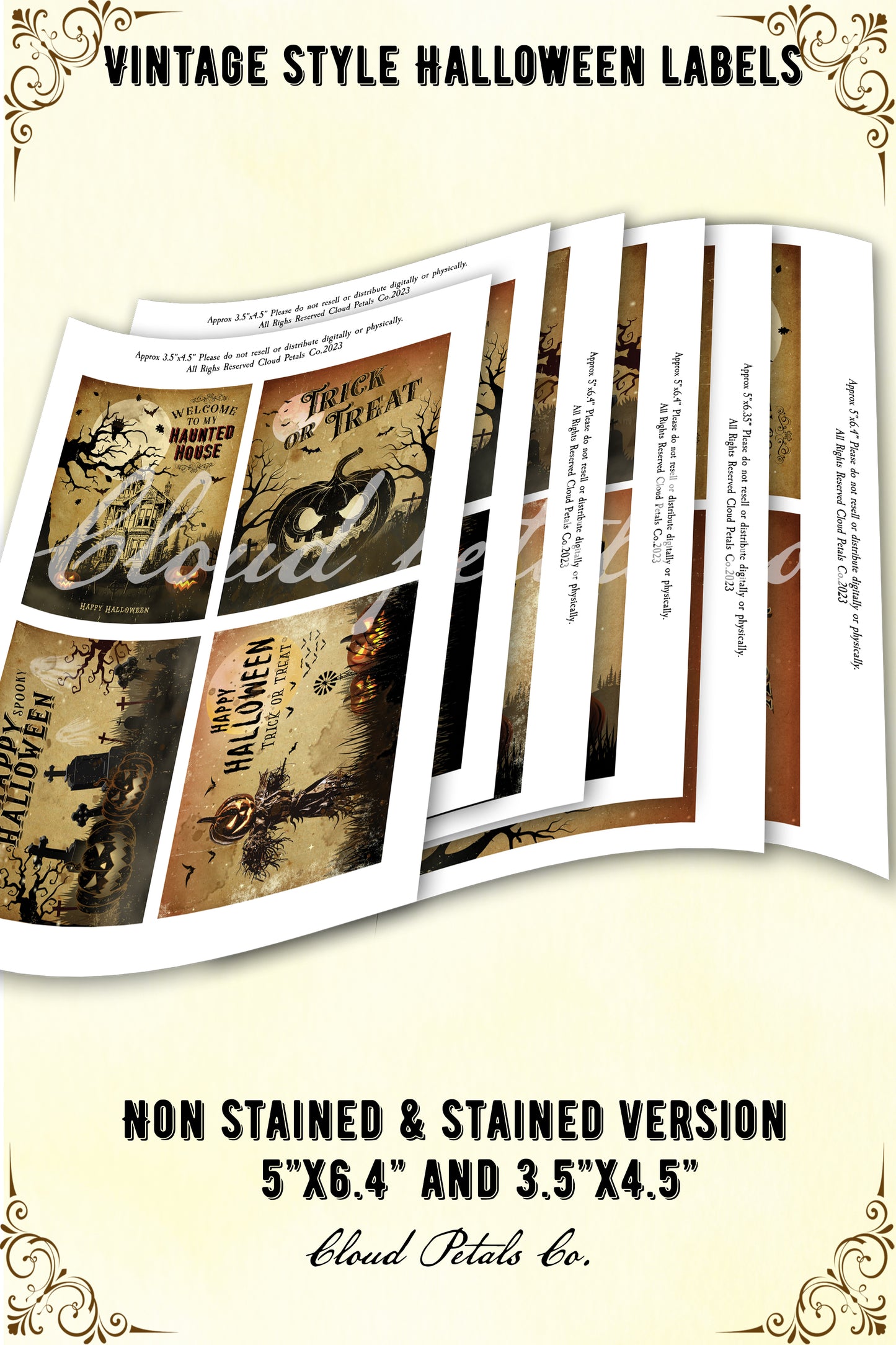 Vintage-style Halloween labels with text and images on a beige background.