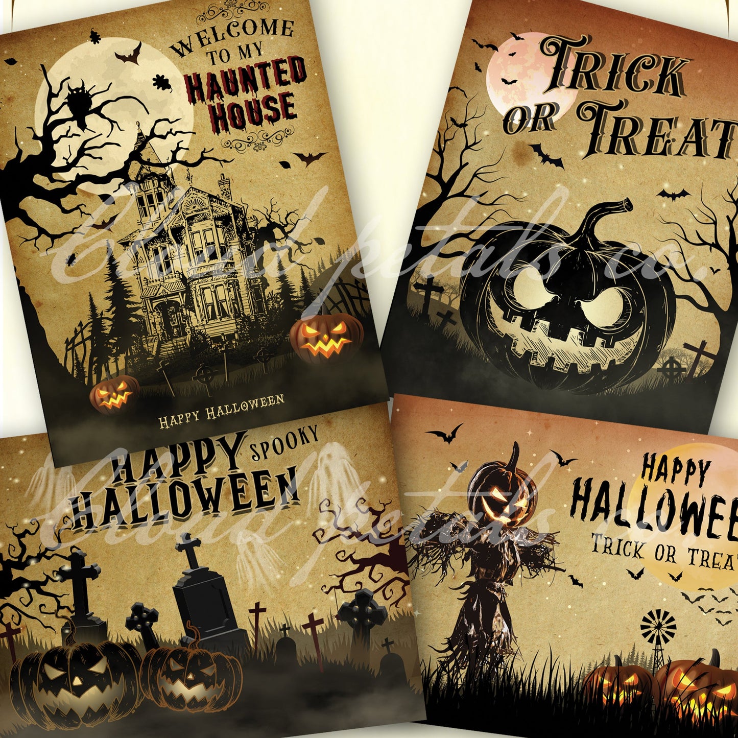 Vintage-style Halloween labels with pumpkins, haunted house, and text on a beige background.