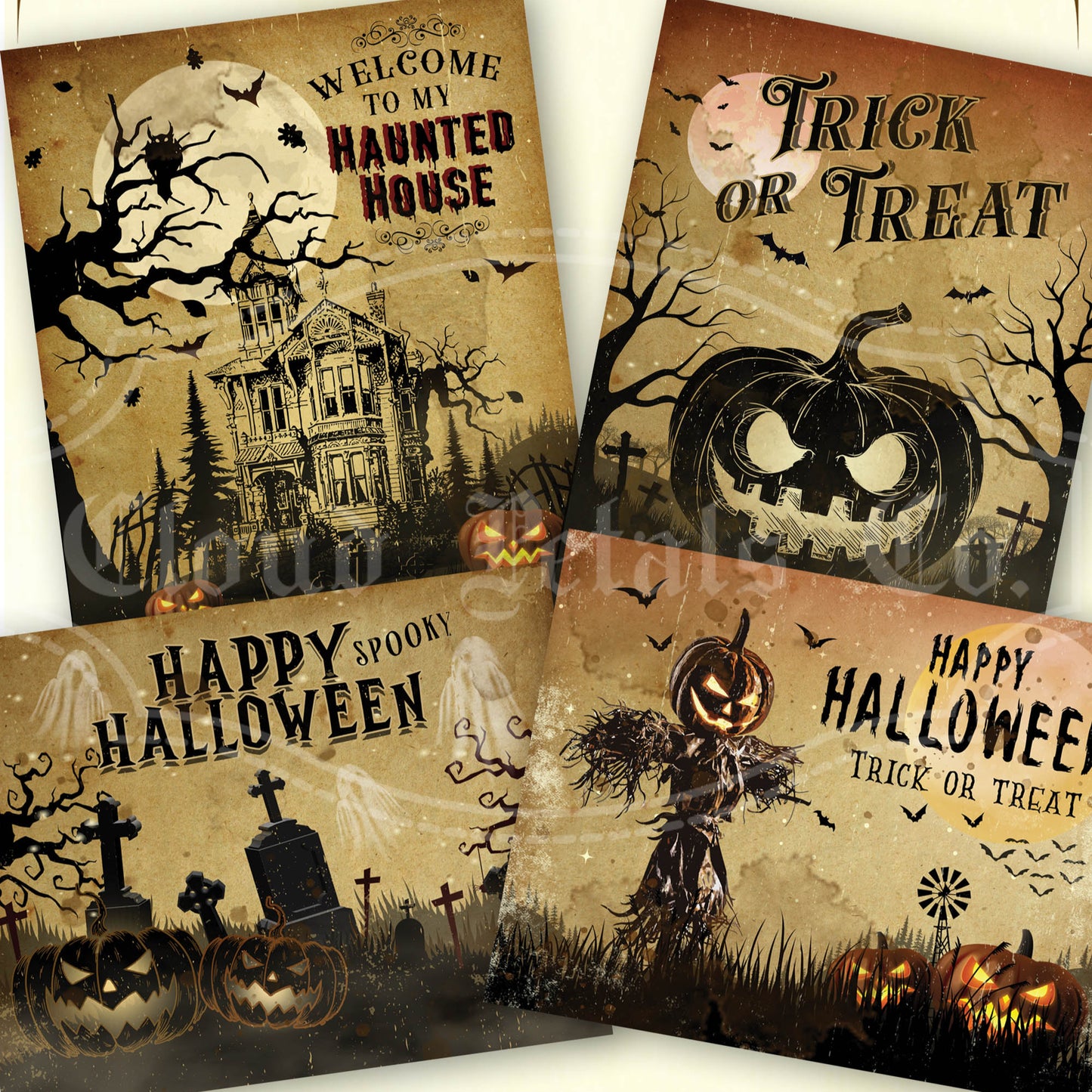 Vintage-style Halloween labels with pumpkins, haunted house, and text on a white background.