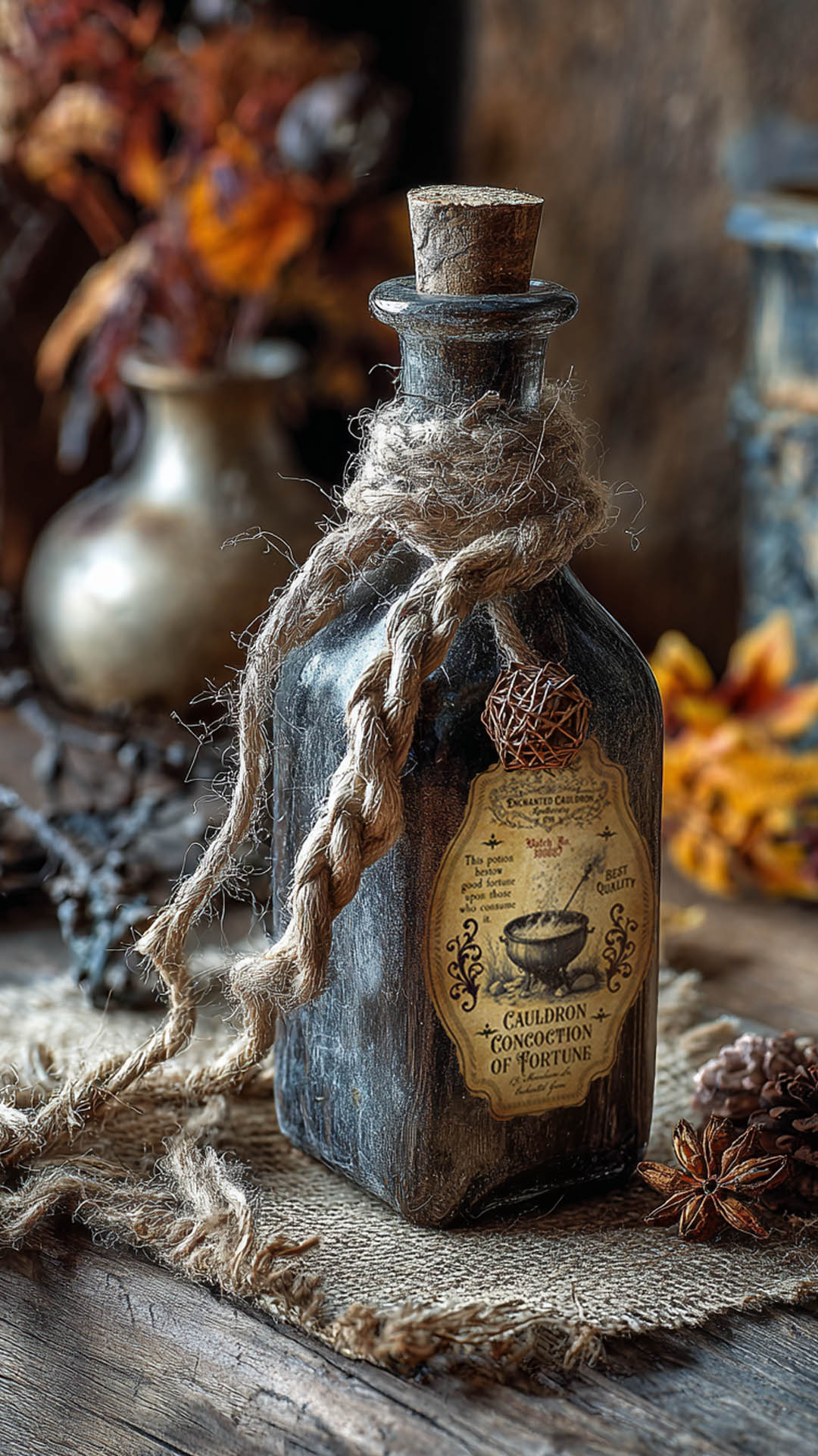 Halloween witch potion with a label, tied with rope on a rustic wooden surface.