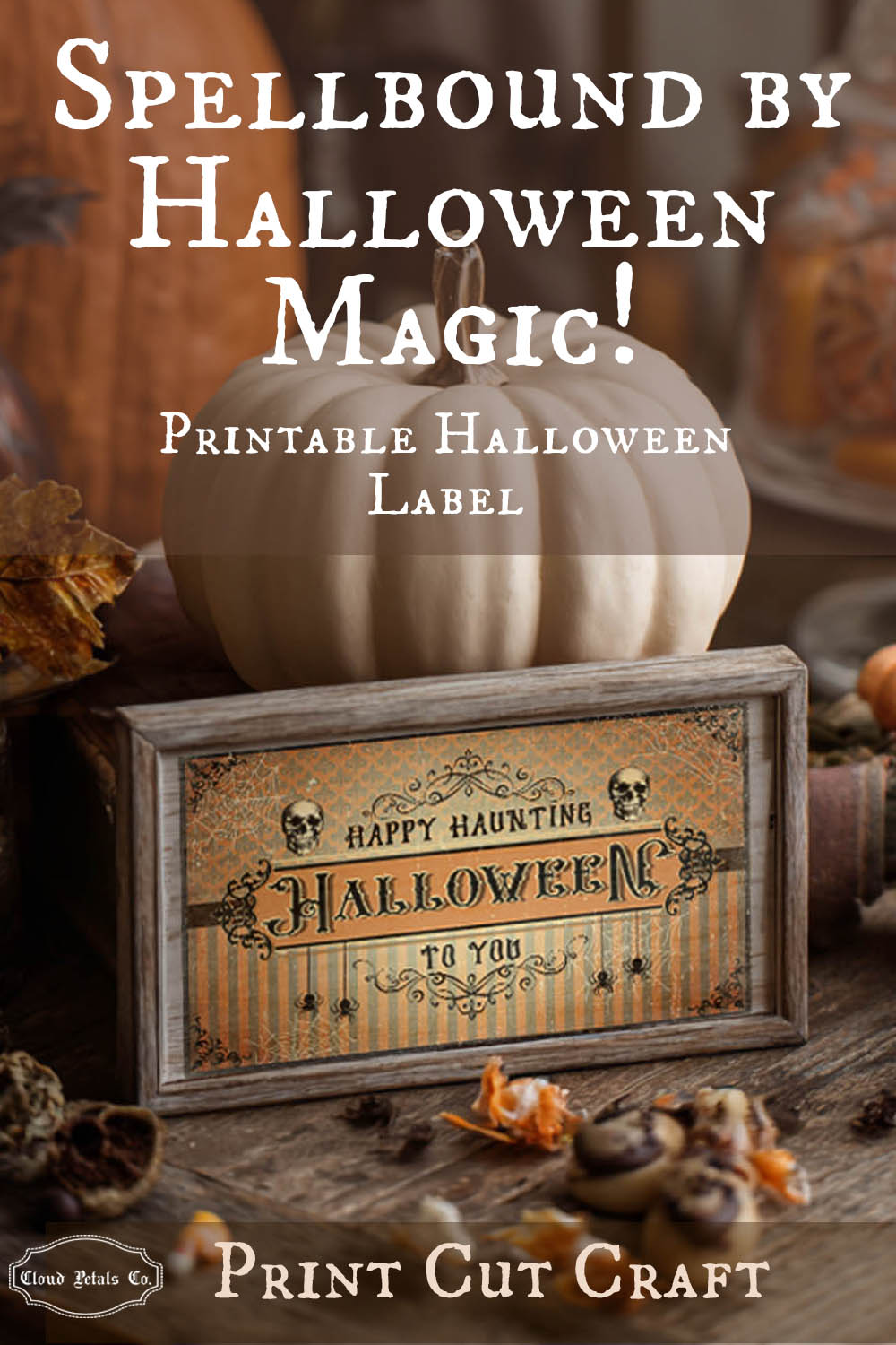Halloween-themed label with pumpkins and decorative elements on a wooden surface.