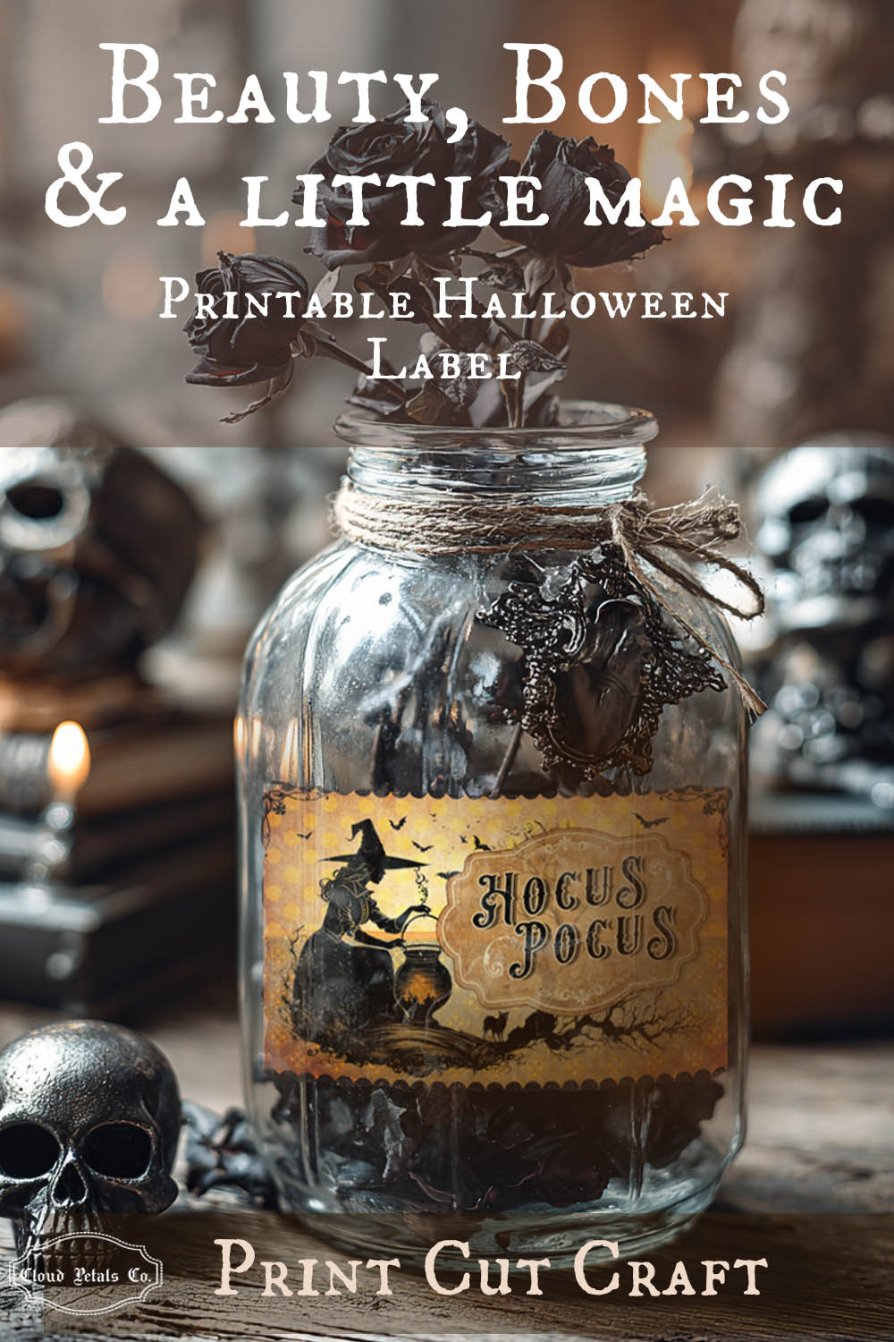 Halloween-themed label on a jar with text Hocus Pocus