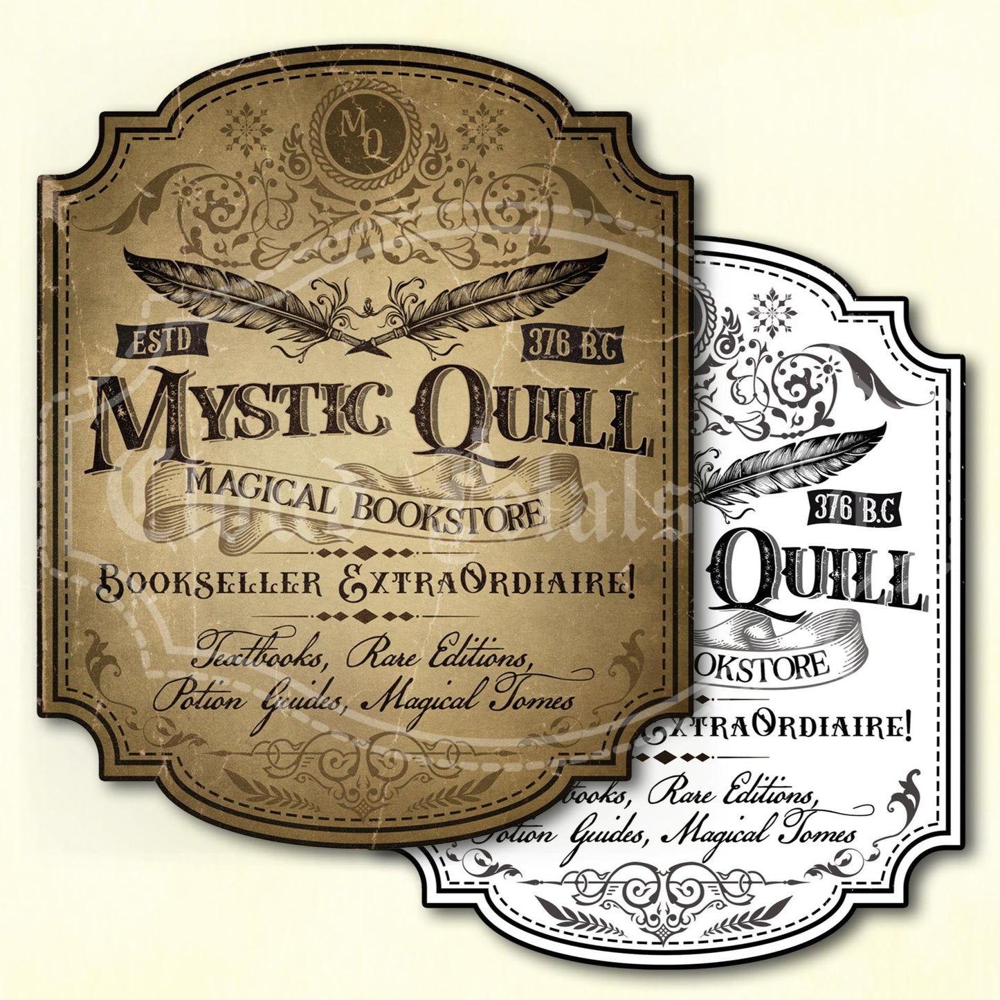Vintage-style Halloween wizard bookstore sign with 'Mystic Quill' branding.