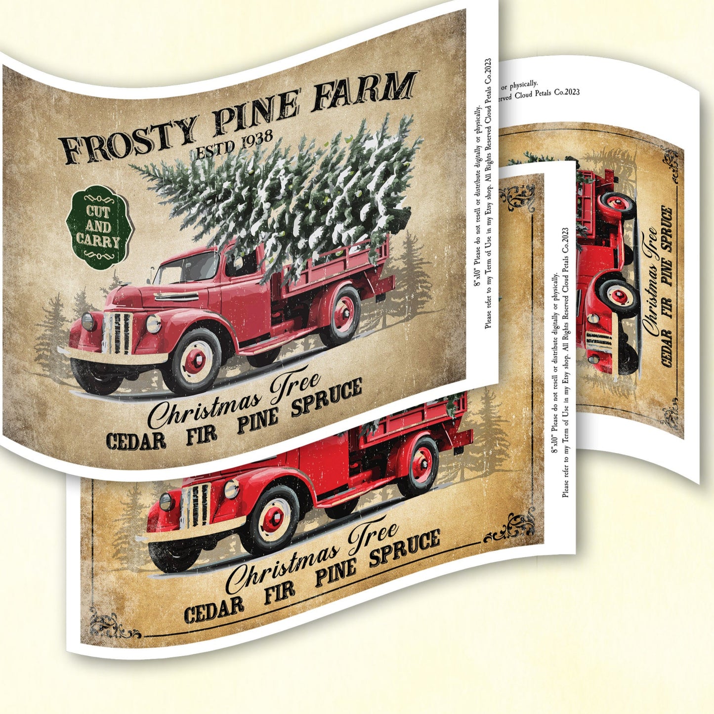 Vintage-style Christmas sign with red truck and Christmas trees, available in 8.5x11 size.