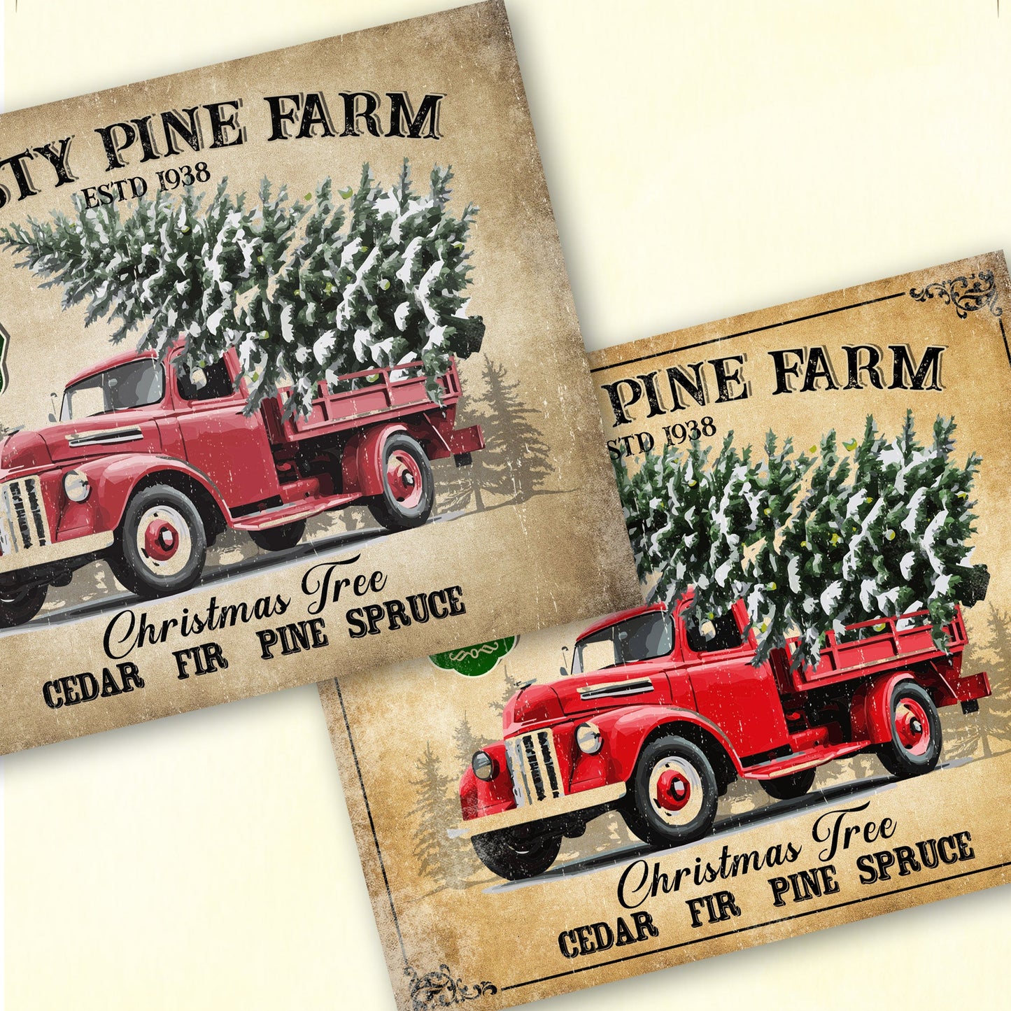 Vintage-style Christmas sign with red truck carrying Christmas trees on a beige background.
