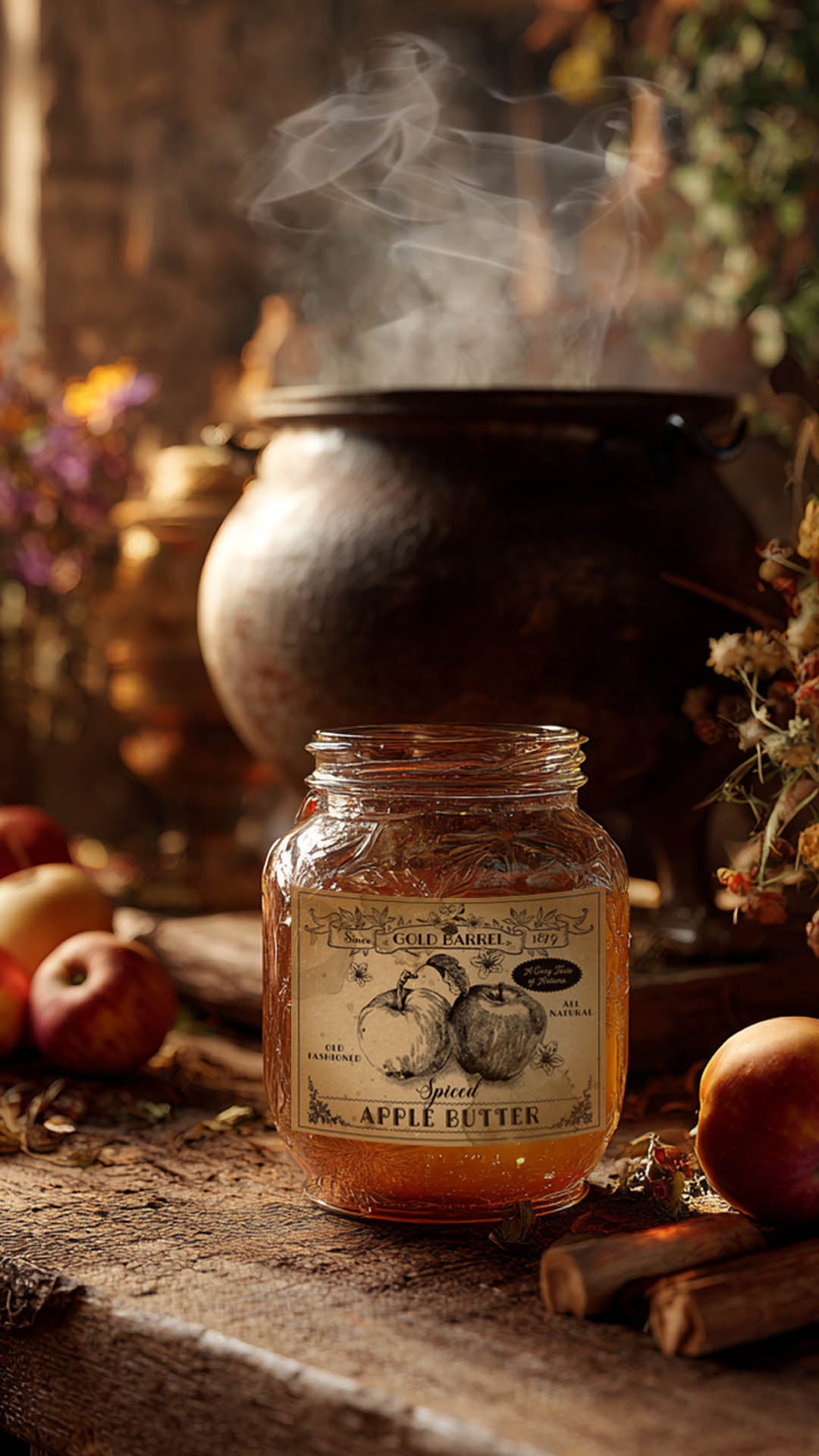 Jar of apple butter with a vintage label on a rustic background