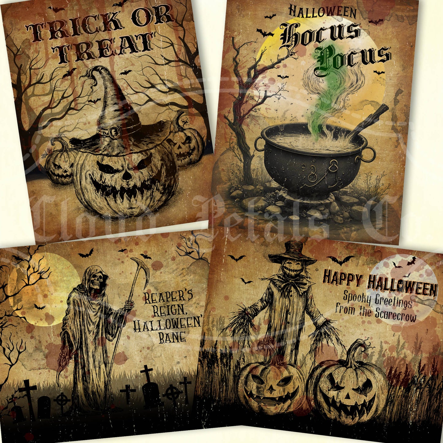 Printable Halloween labels cauldron jackolantern reaper
