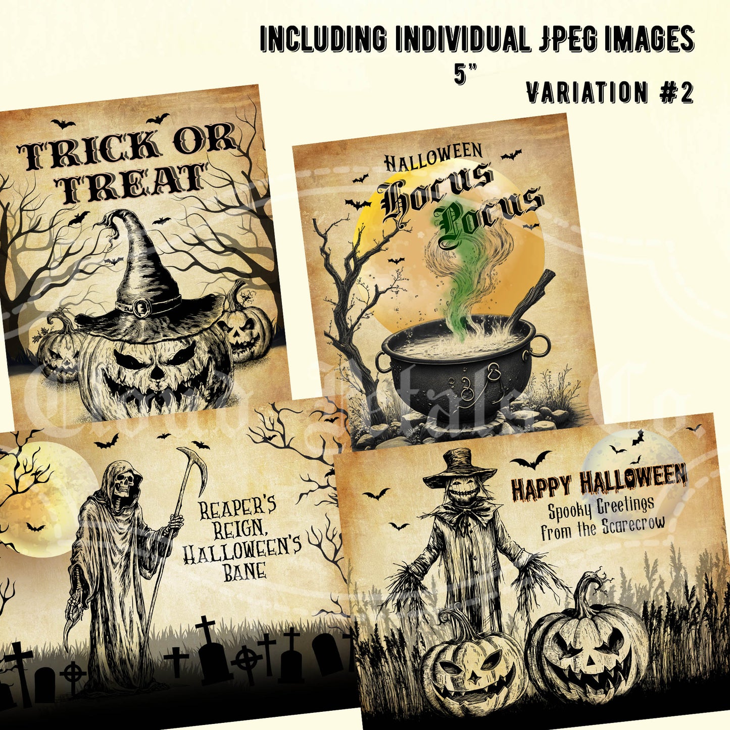 Printable Halloween labels cauldron jackolantern reaper light
