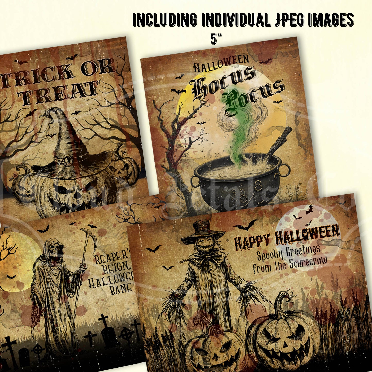 Printable Halloween labels set cauldron jackolantern reaper
