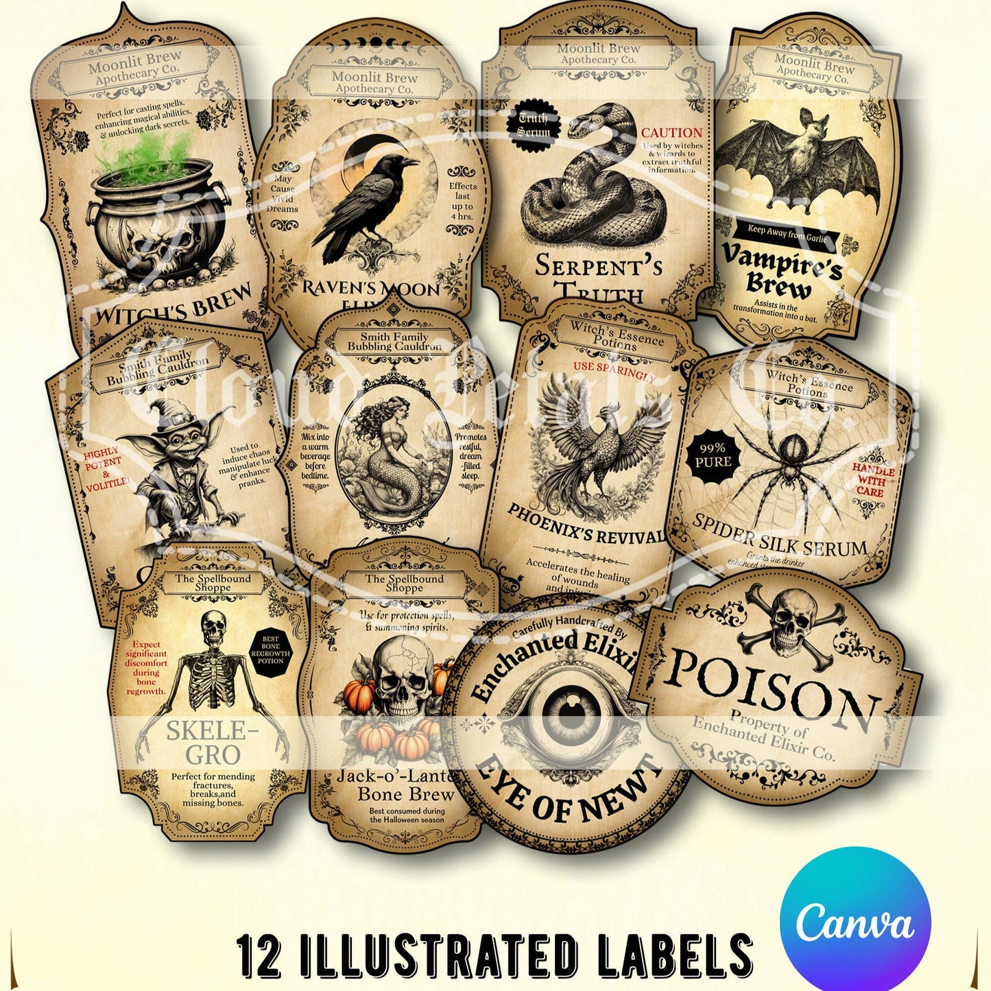 Vintage-style Halloween labels with various designs on a white background, featuring the Canva logo.