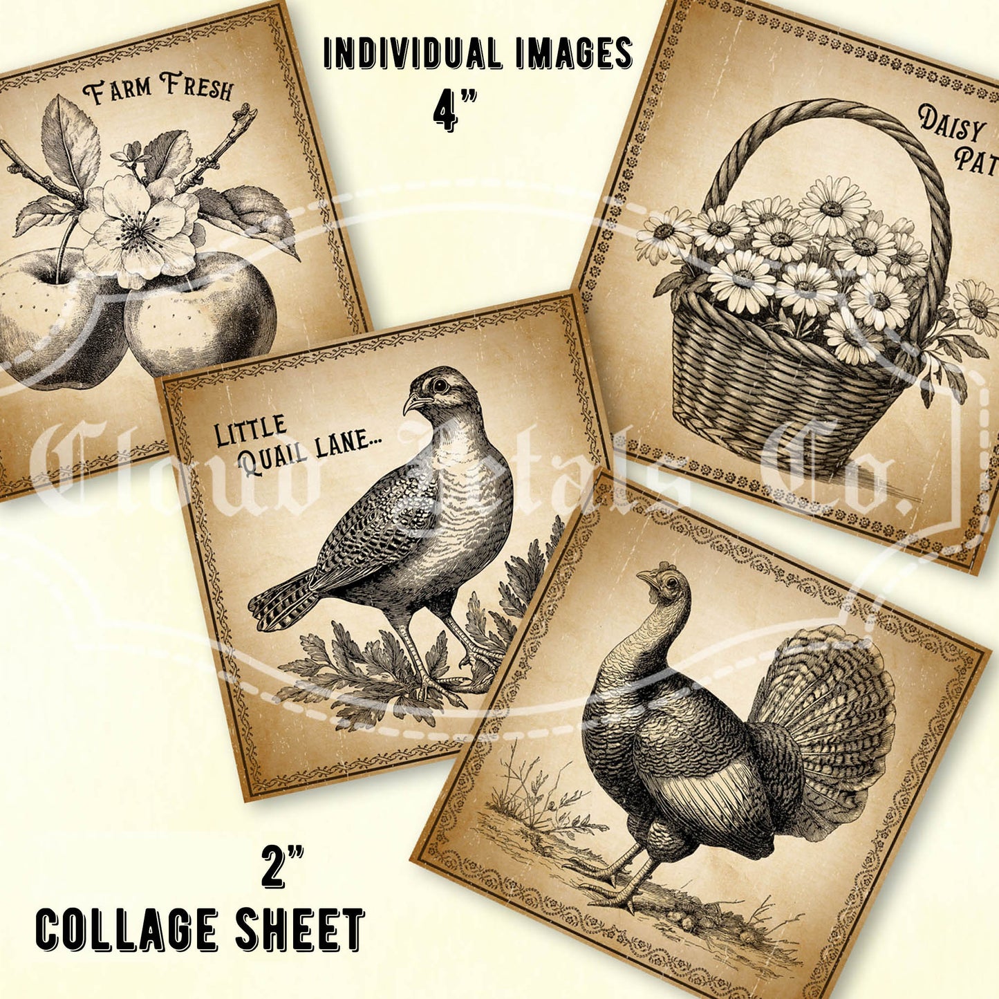 Printable farm animals and fruits tags set