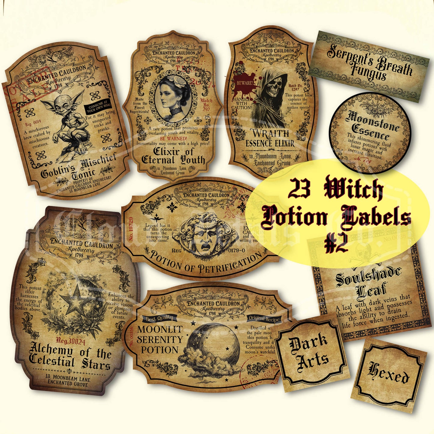 Printable halloween labels with ghost, goblin, moon