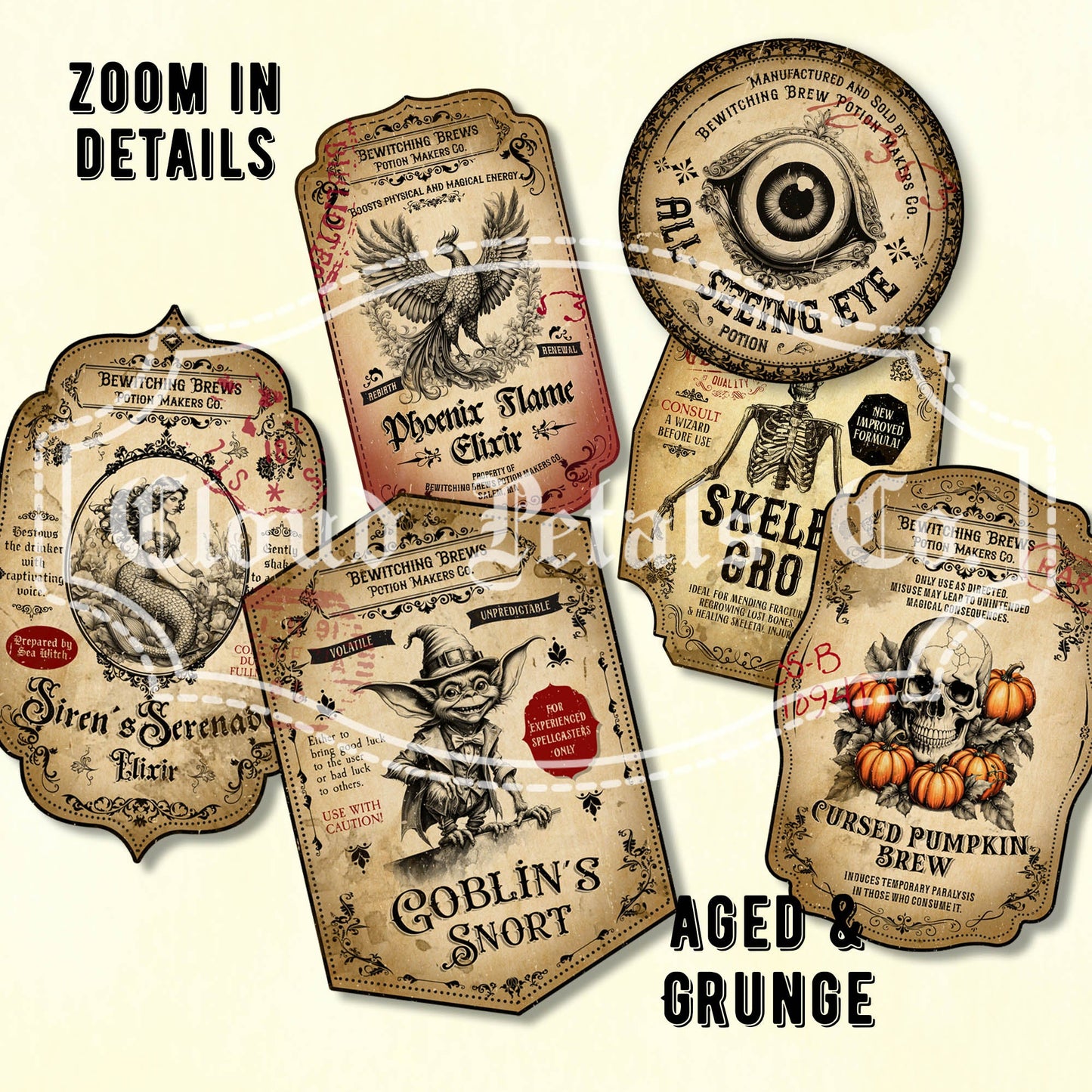 Witch’s Brew Potion Labels – Printable Vintage Halloween Set with Goblin, Skelegrow & More