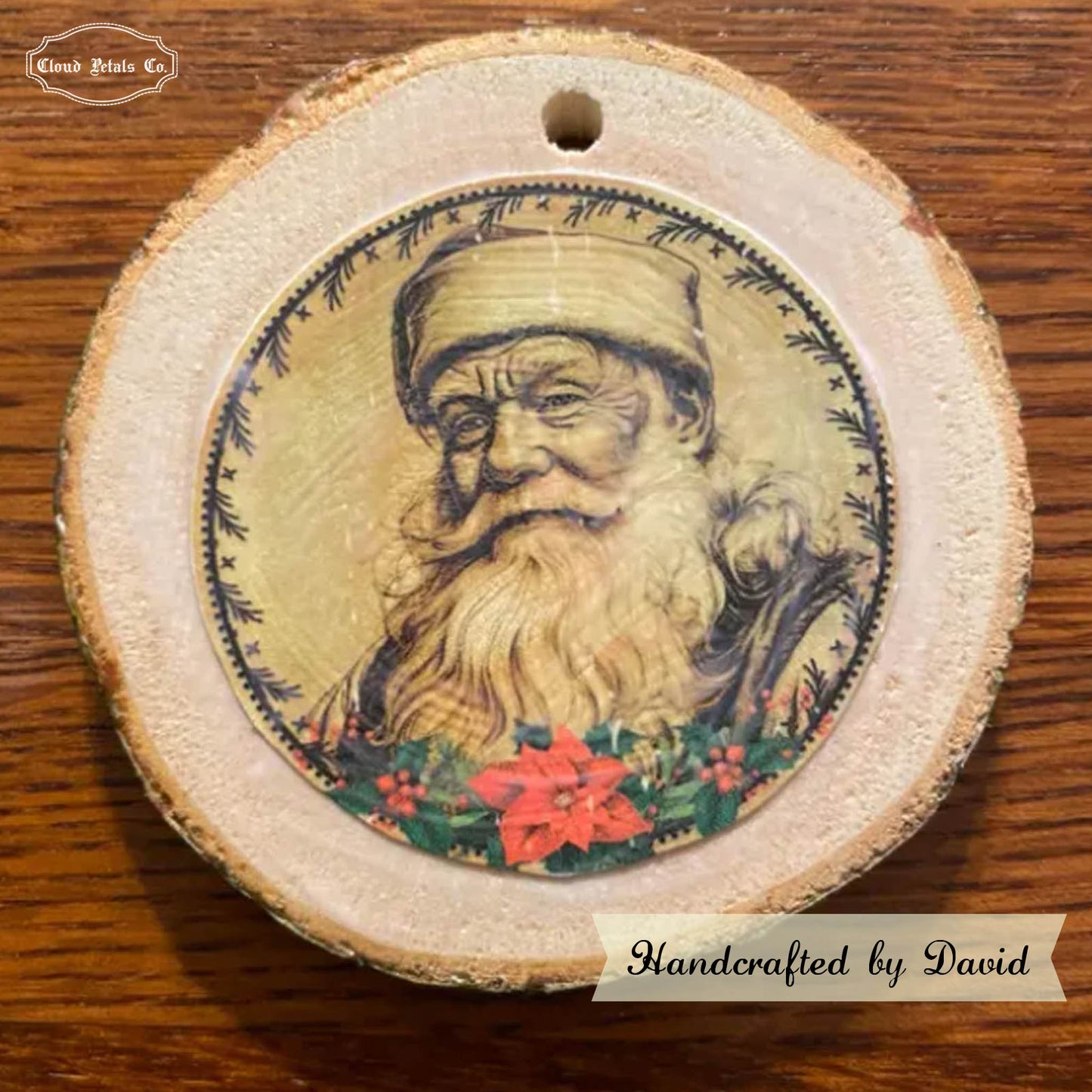 Santa round tag on round wood slice